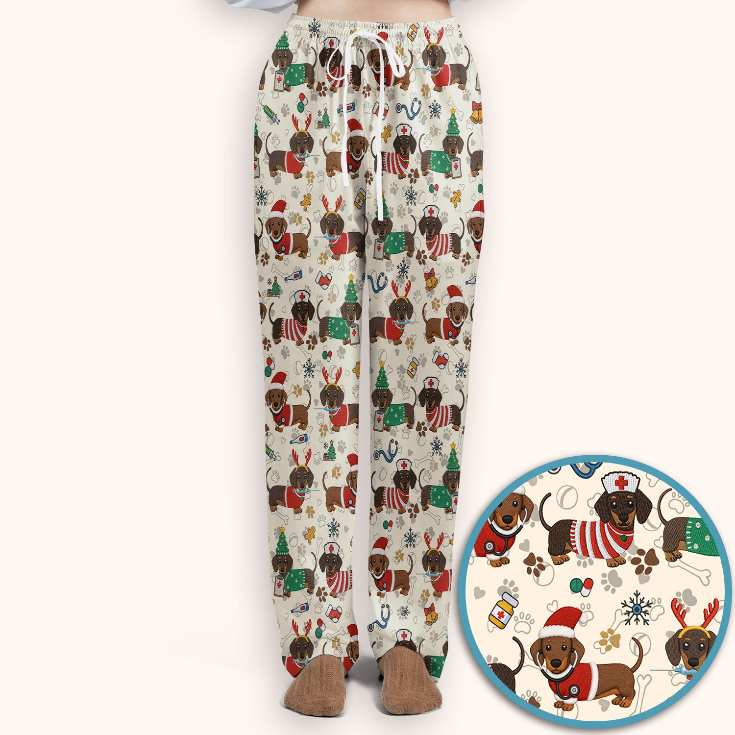 Christmas Dachshund Scrub Set for Nurses - Cute Wiener Dog Scrubs Pants and V Neck Top - Cute Puppy Med Uniform Gift for Women