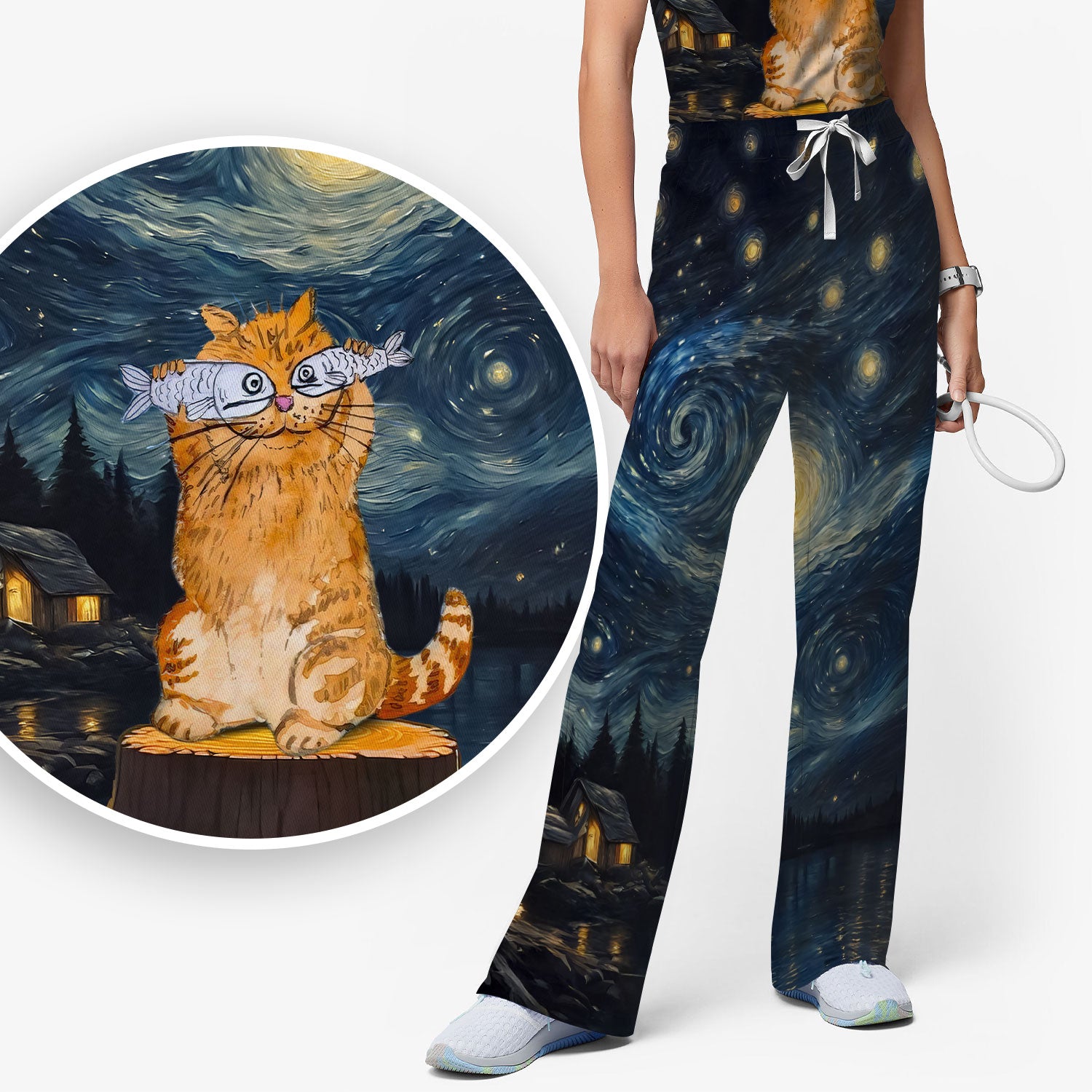 Cat Under Starry Night Sky Art Print Scrub Sets, Breathable Med Uniform