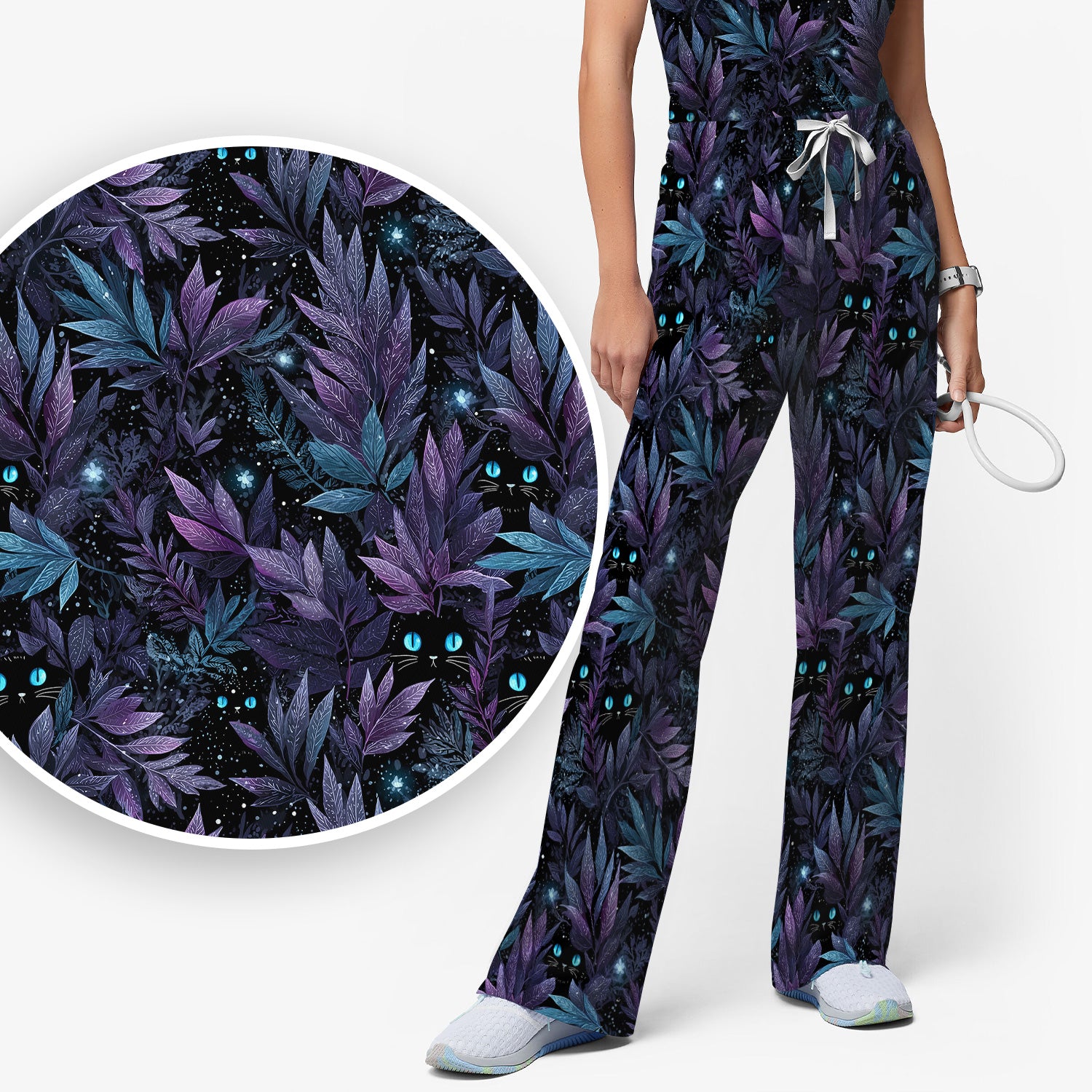 Mystic Black Cat Veterinary Pattern Scrub Set, Scrub Pants and V Neck Top