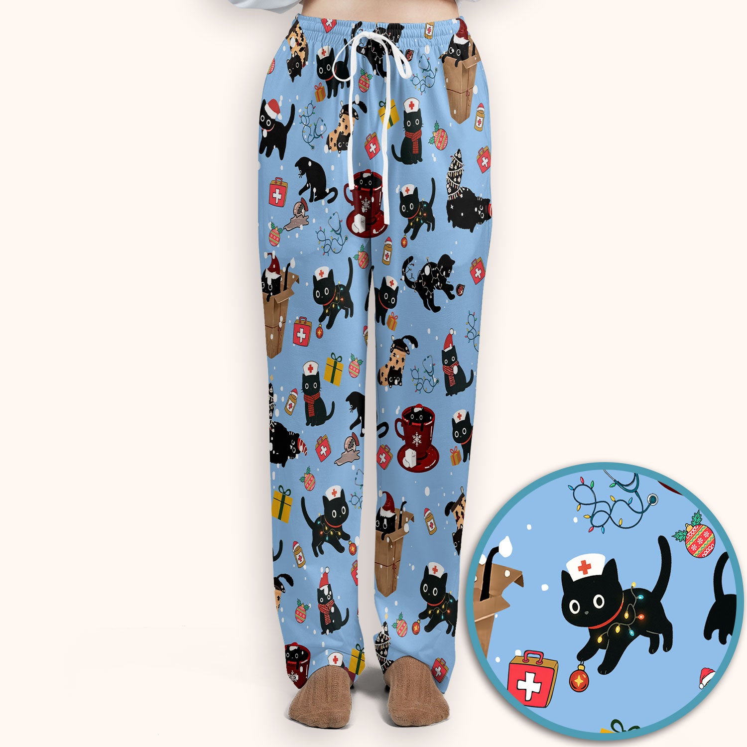Funny Cat Scrub Sets for Women - Christmas Black Cats Pants and V Neck Top - Breathable Fabrics Nursing Uniform