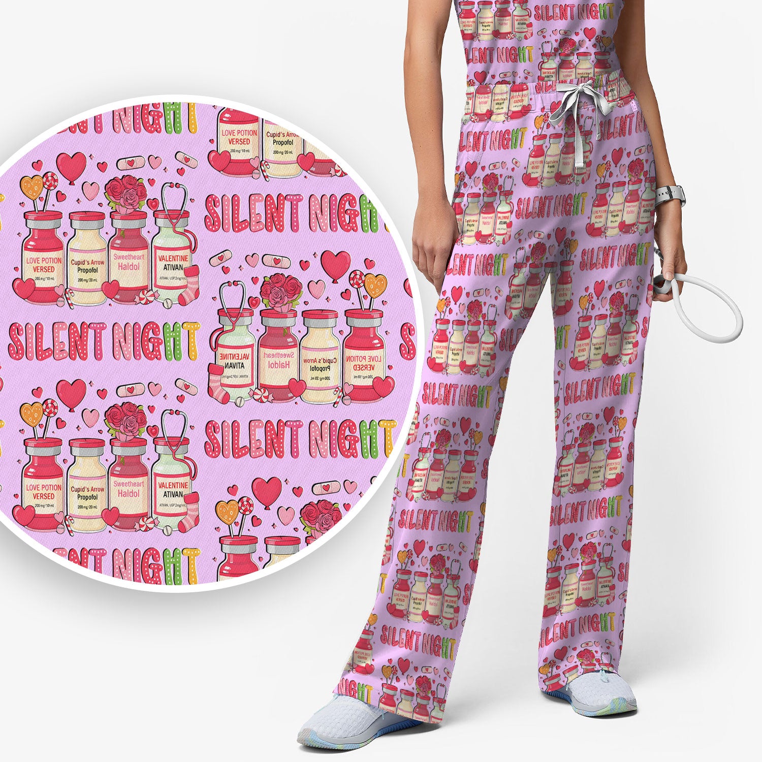 Valentine Silent Night Love Design Scrubs Set, Breathable Med Uniform