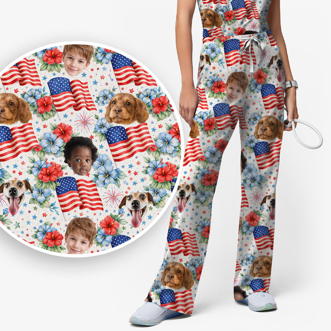 Custom Photo Patriotic Kids & Pet Faces Flag Nurse Scrub Set, Scrub Pants and V Neck Top