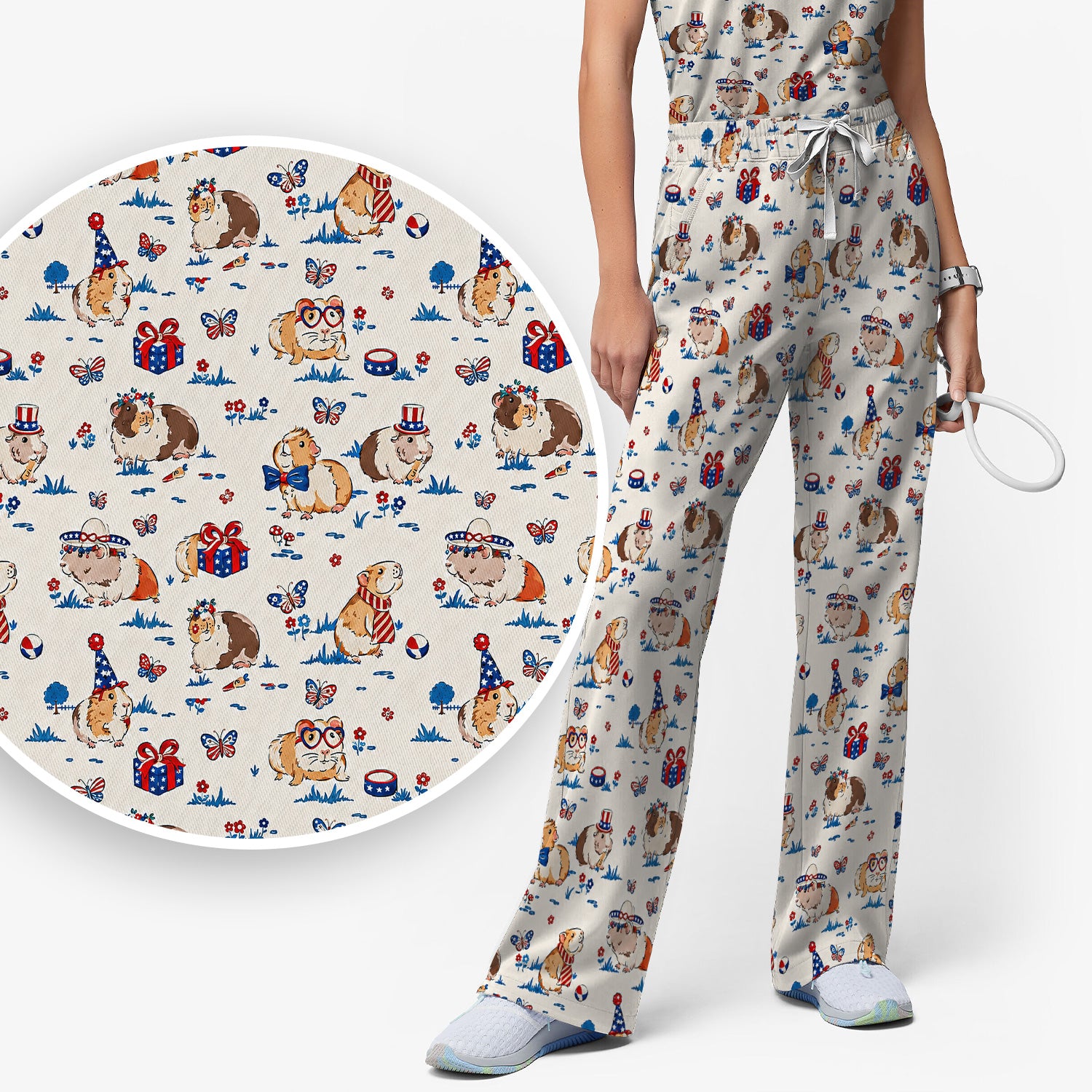 Patriotic Guinea Pig Celebration Pattern Scrub Set, Scrub Pants and V Neck Top