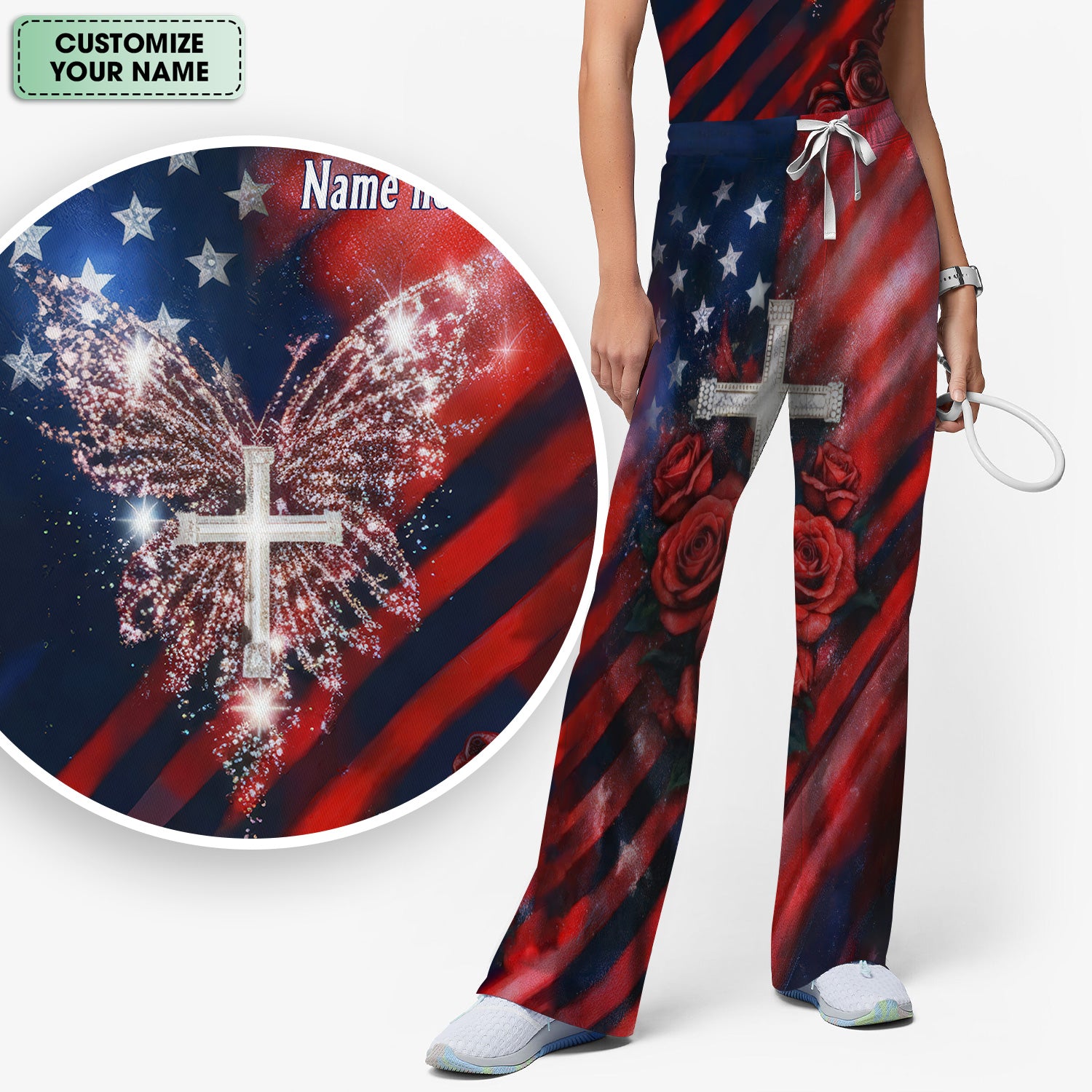 Custom Name Patriotic Cross Butterfly Rose Print Scrub Set, Scrub Pants and V Neck Top