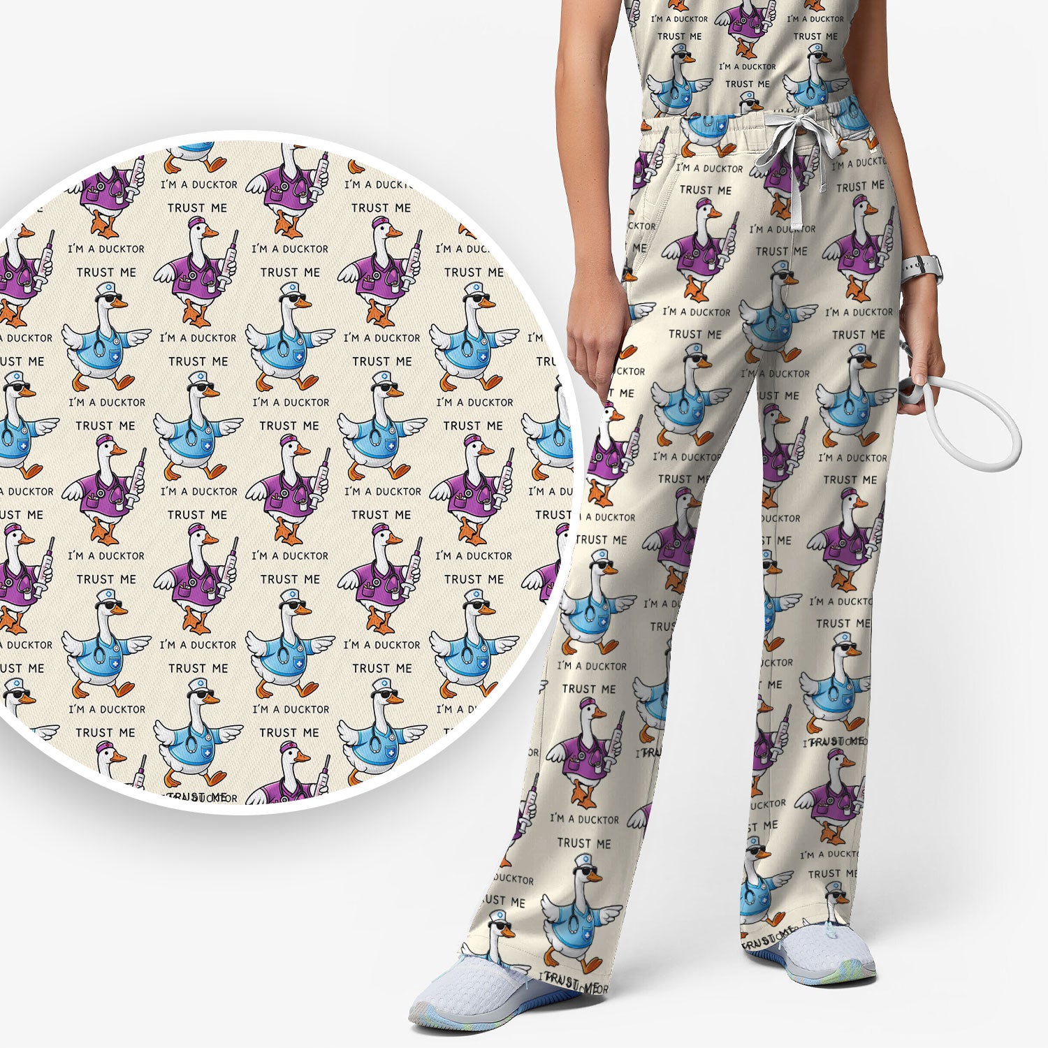 Funny Duck Cartoon Medical Pattern Scrub Set, Scrub Pants and V Neck Top