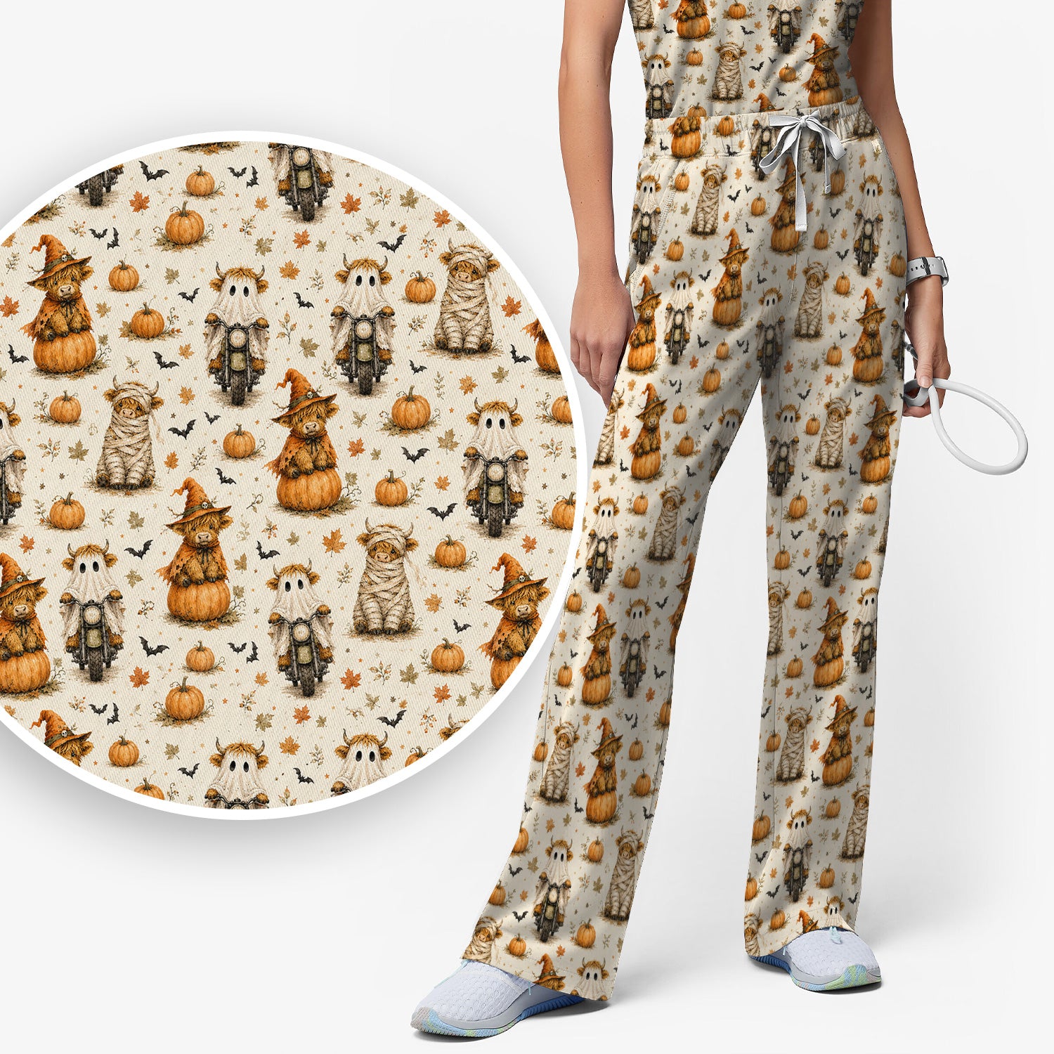 Halloween Highland Cow Costumes Scrub Set, Scrub Pants and V Neck Top
