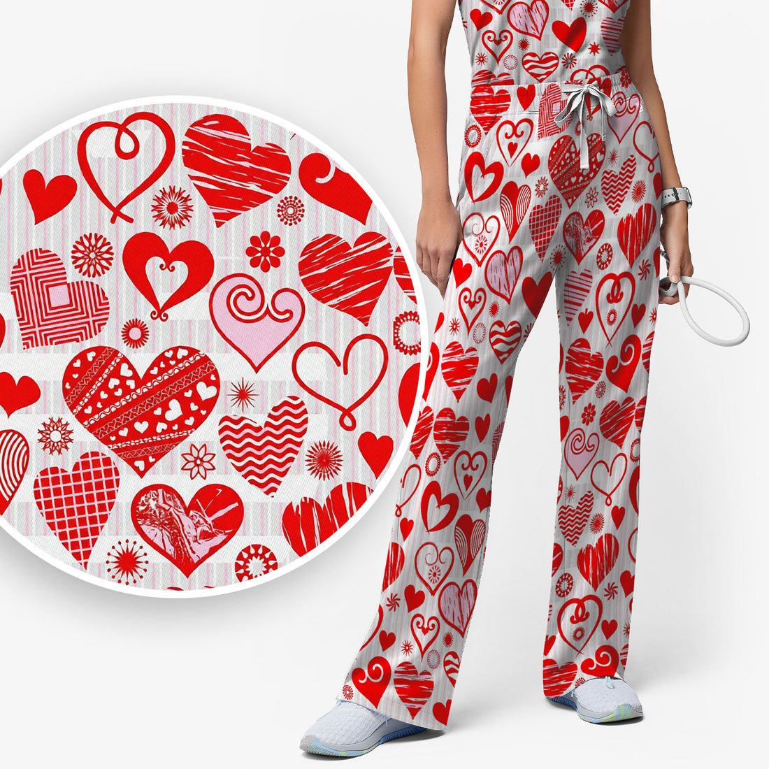 Hearts Scrub Set For Nursing, Valentine Heart Pattern Nurse Shirt, Comfortable Scrubs For Nurses