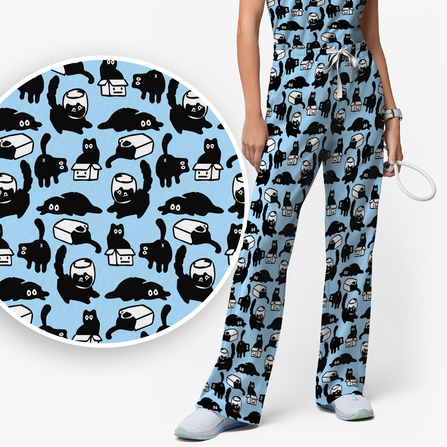 Dark Playful Cat Cartoon Pattern Scrub Set, Breathable Med Uniform