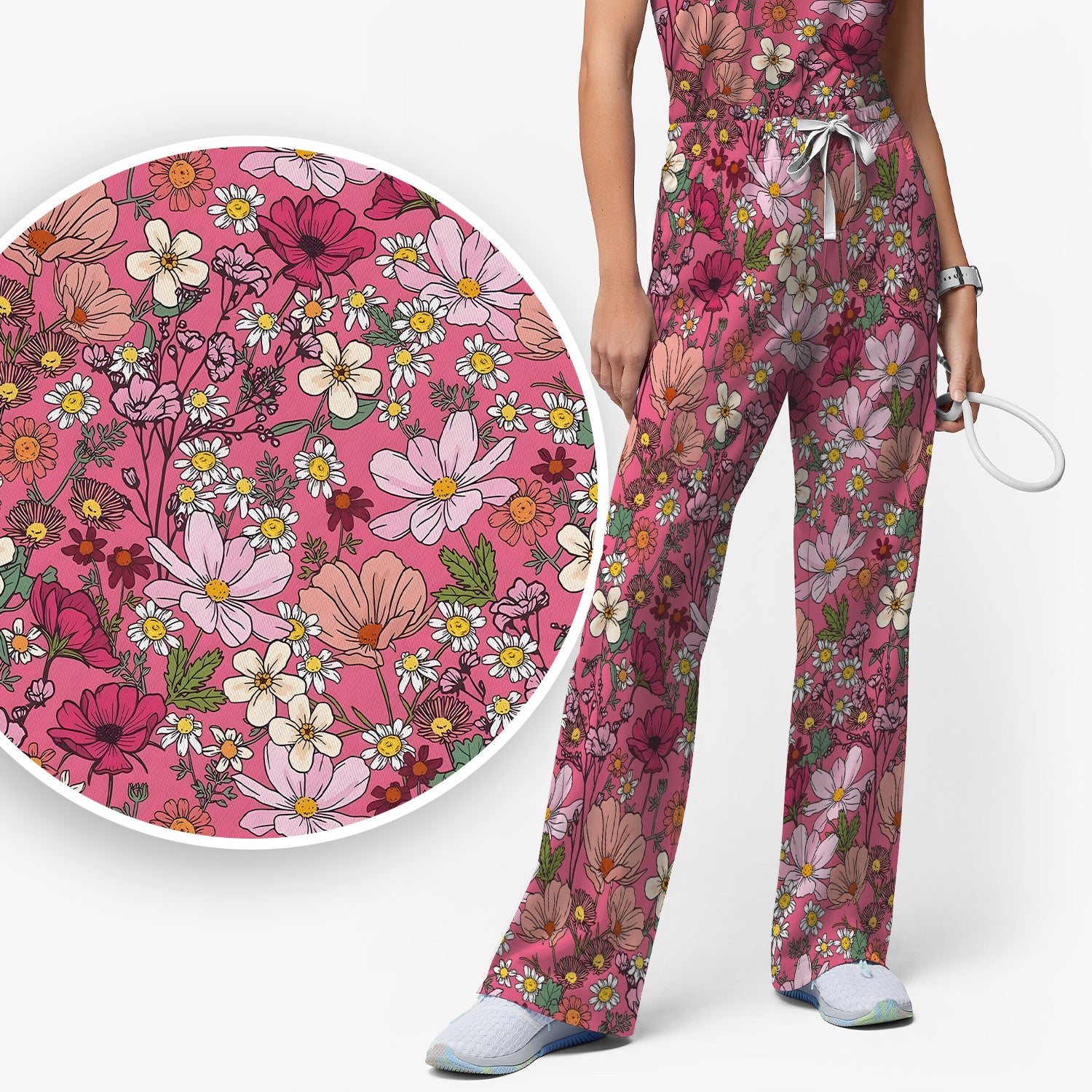Pink Daisy Wildflower Nurse Pattern Scrub Set, Scrub Pants and V Neck Top