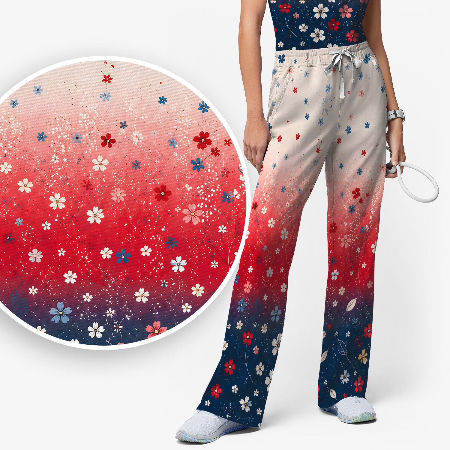 Patriotic Red White Blue Floral Ombre Print Scrub Set, Scrub Pants and V Neck Top