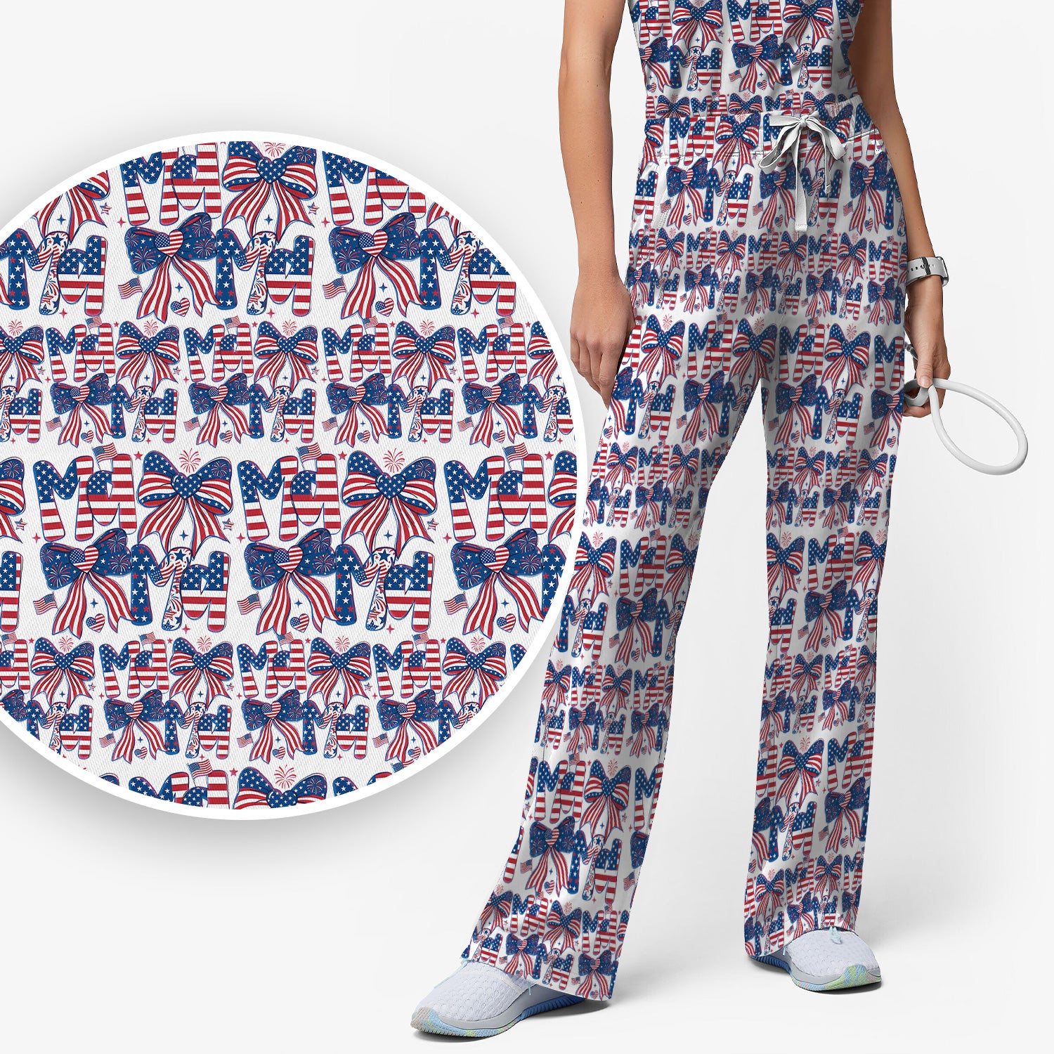 American Flag MaMa Bow Pattern Scrub Set, Breathable Med Uniform
