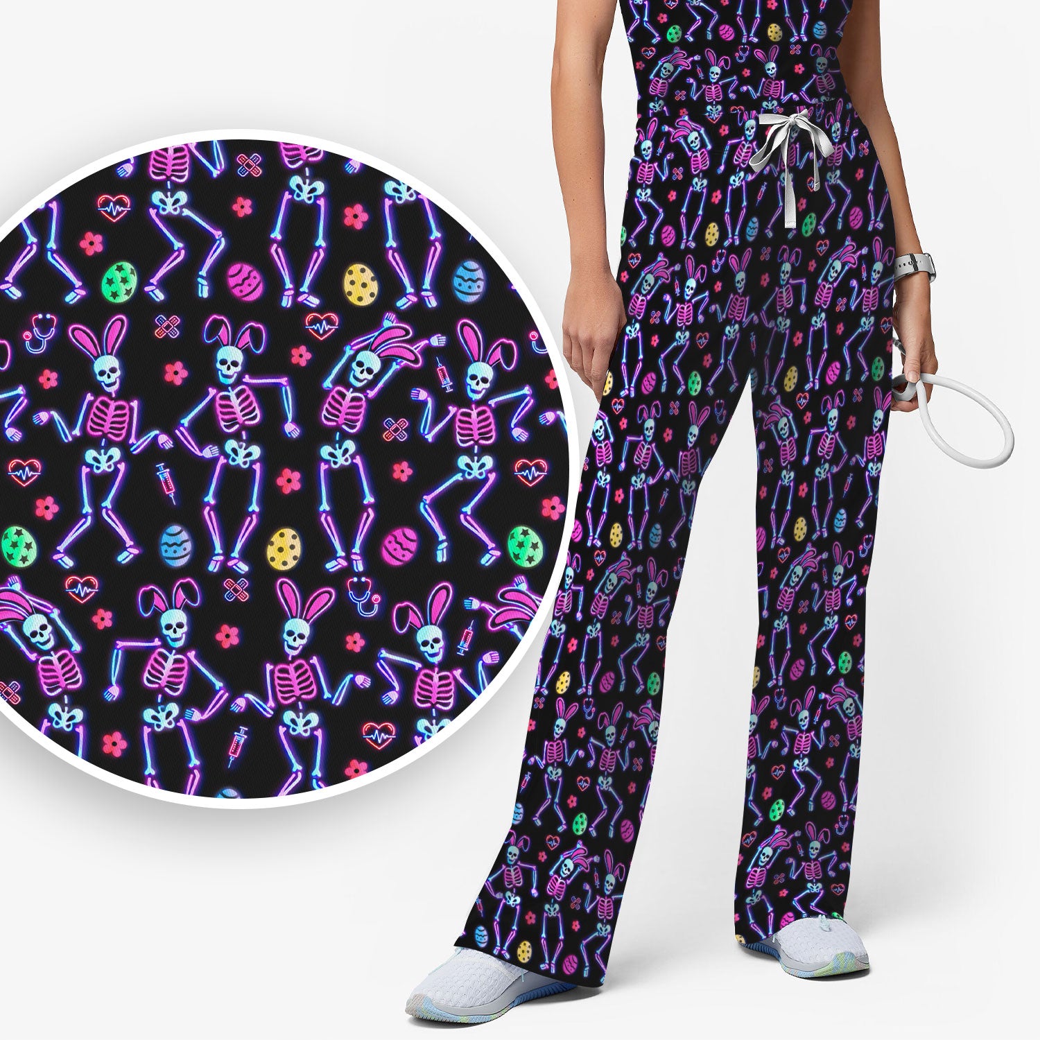 Neon Easter Skeleton Print Scrub Set, Scrub Pants and V Neck Top