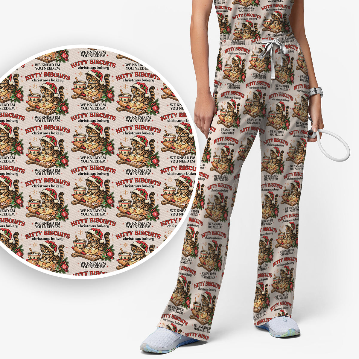 Christmas Santa And Gingerbread Pattern Scrub Set, Scrub Pants and V Neck Top
