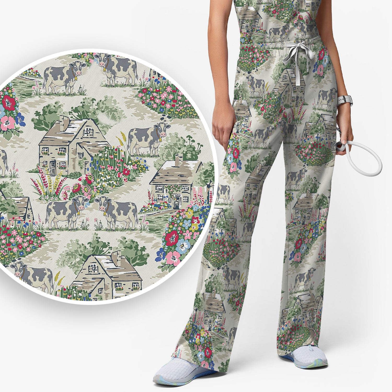 Charming Countryside Cows Cottage Garden Pattern Scrub Set, Scrub Pants and V Neck Top