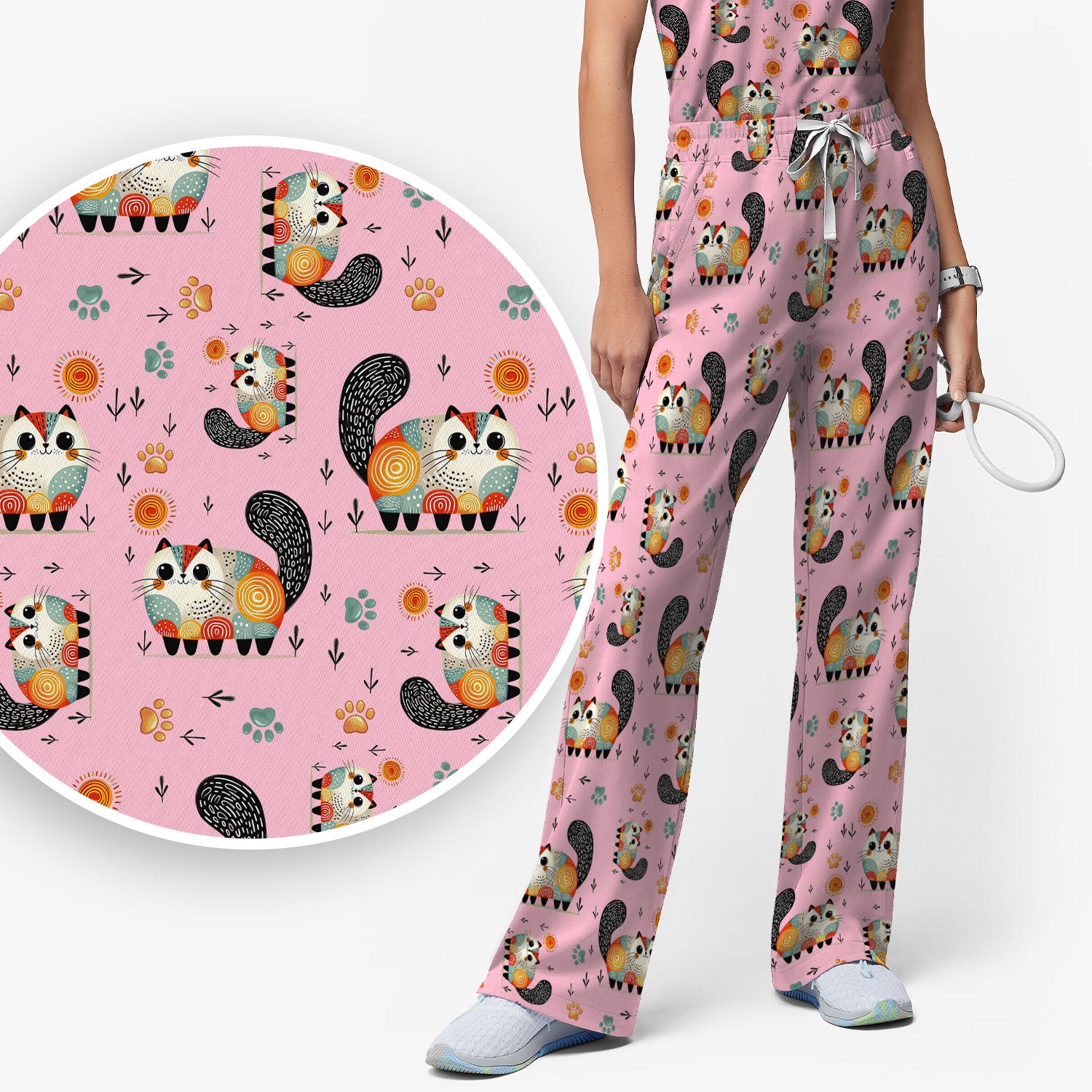 Playful Cat Illustration Women's Scrub Set, Breathable Med Uniform