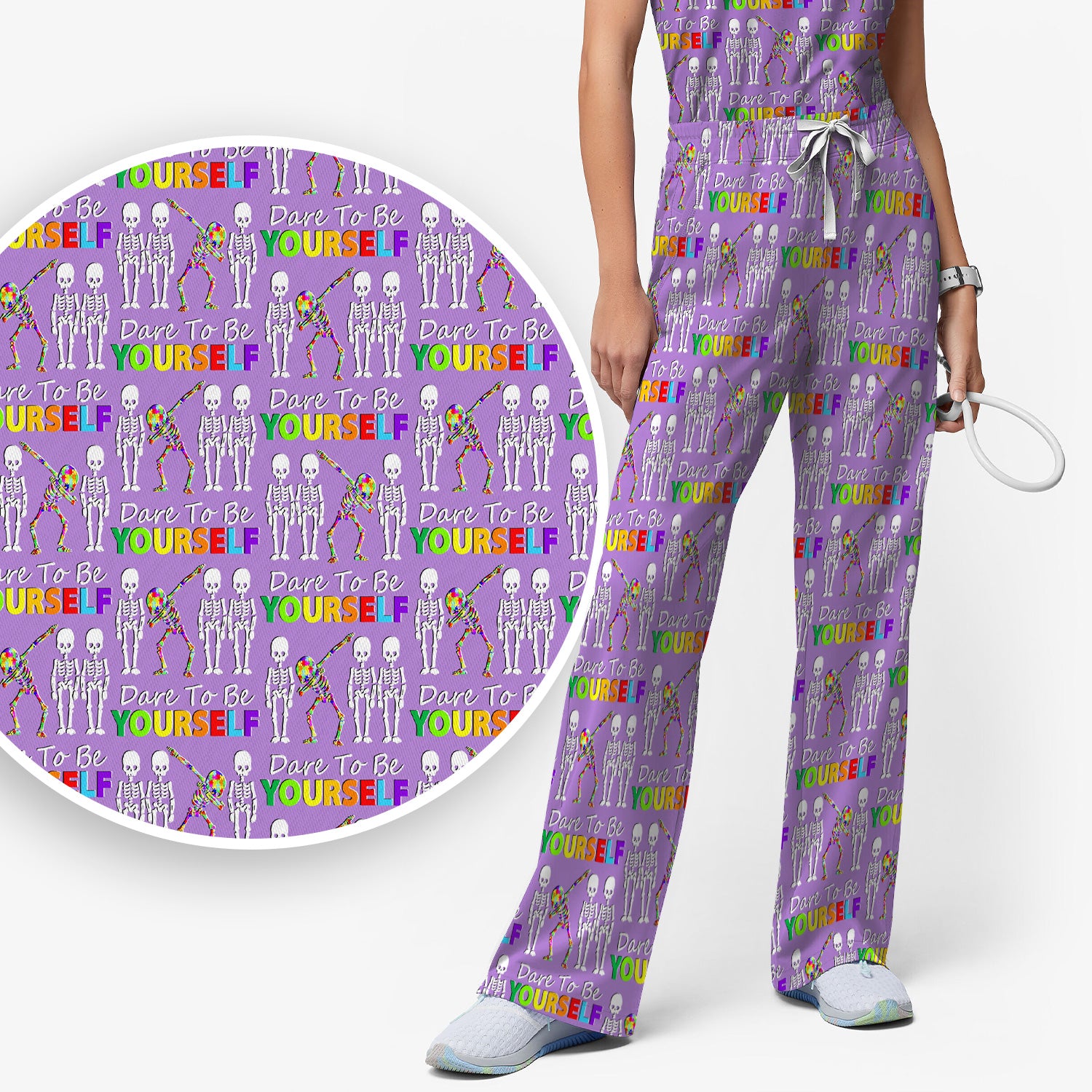 Rainbow Skeleton Dare To Be Yourself Pattern Scrub Sets, Scrub Pants and V Neck Top