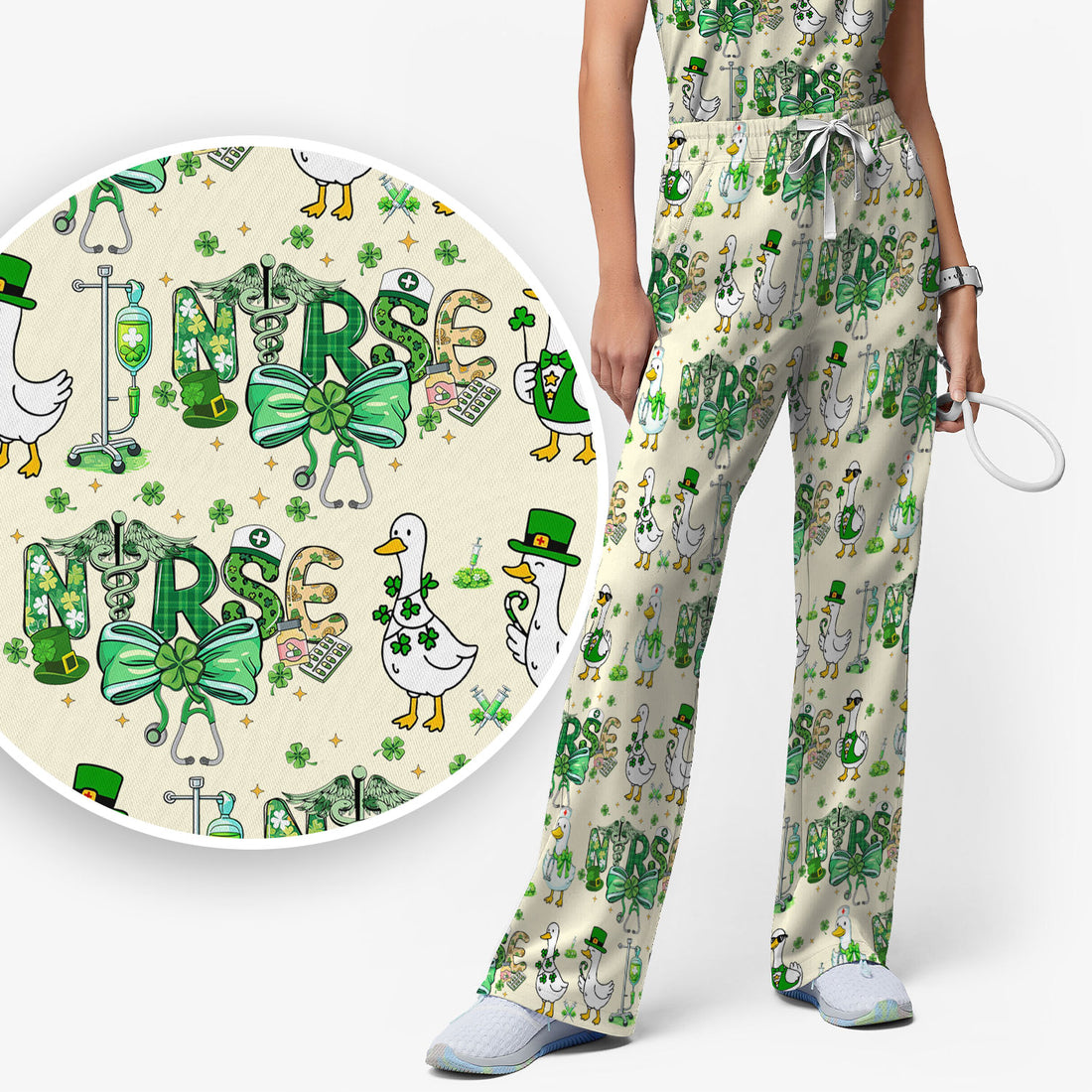 Funny Goose Nurse Shamrock Scrub Set, St. Patrick’s Day Nurse Pattern Shirt, Breathable Fabrics Nursing Uniform