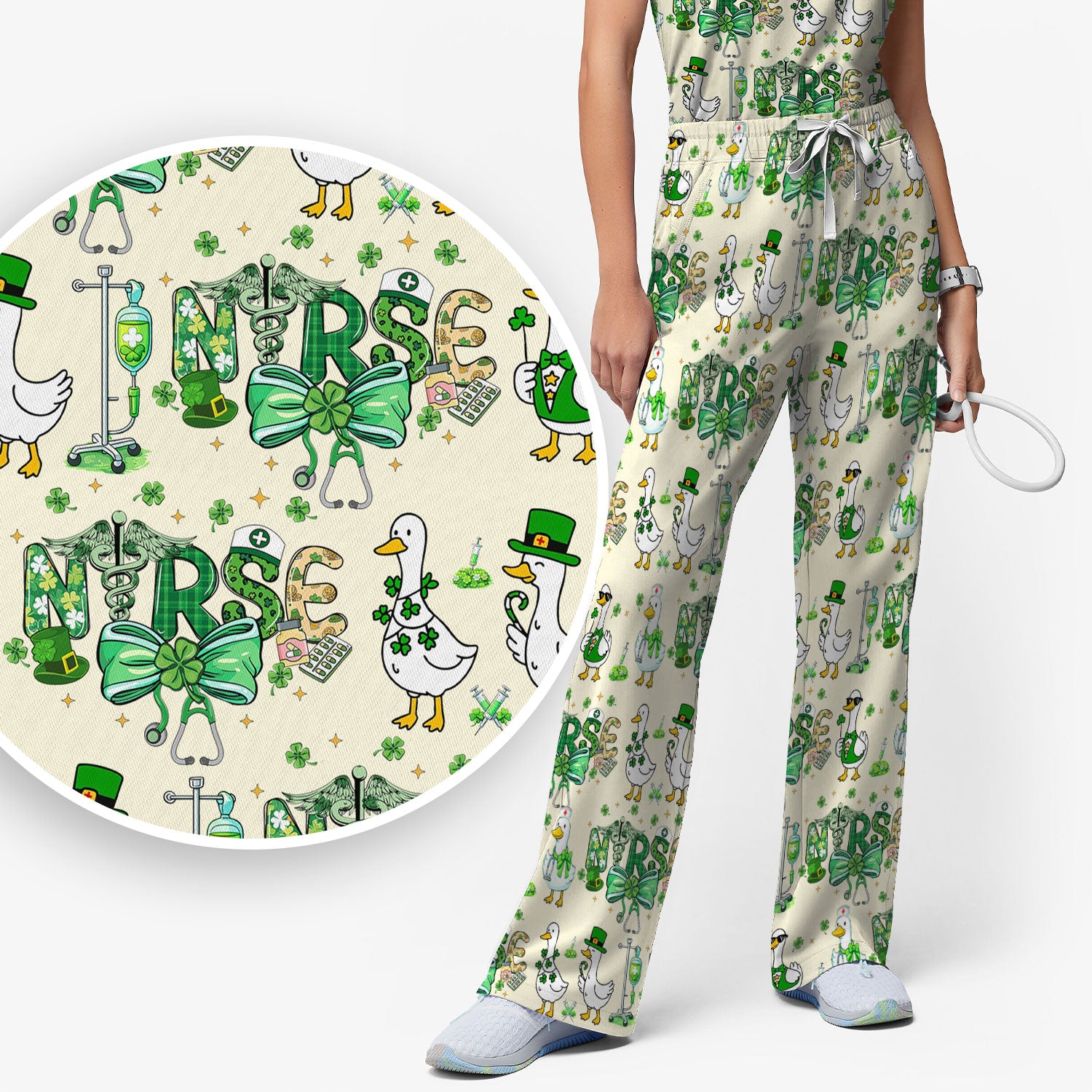 Funny Goose Nurse Shamrock Scrub Set, St. Patrick’s Day Nurse Pattern Shirt, Breathable Fabrics Nursing Uniform