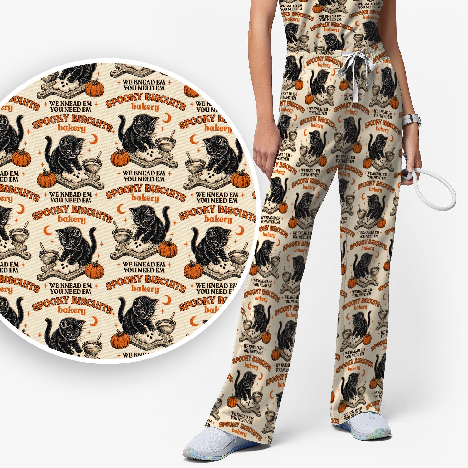 Funny Halloween Black Cat Scrub Set, Scrub Pants and V Neck Top