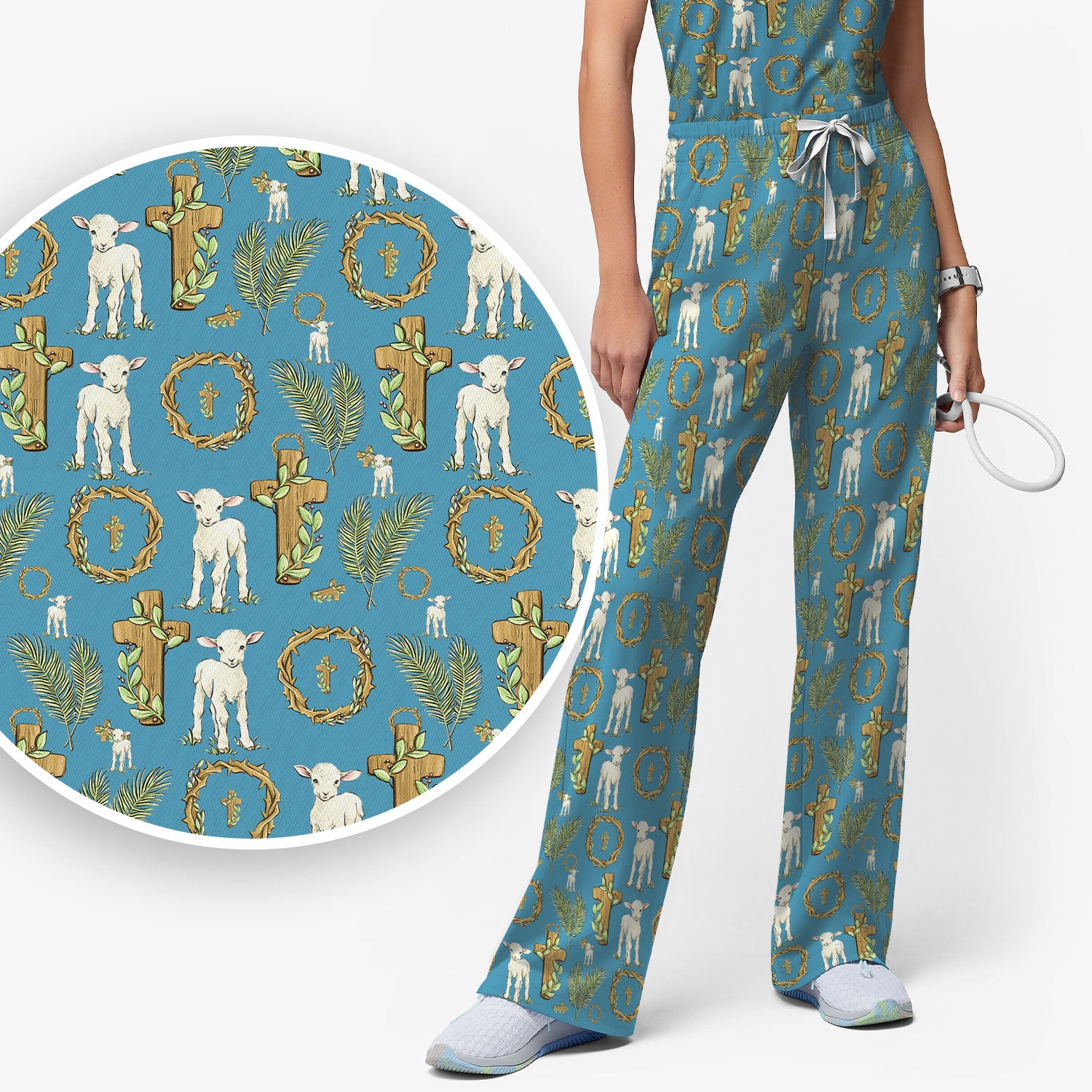 Faith Lamb Cross Pattern Women's Scrub Set, Scrub Pants and V Neck Top