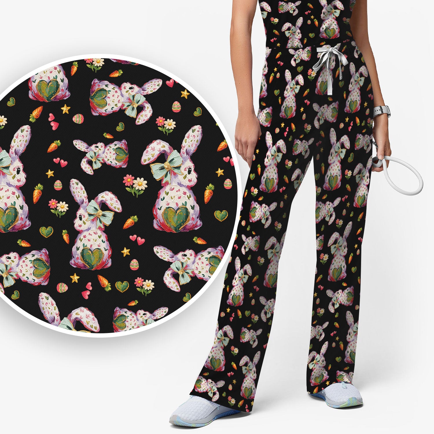 Cute Pastel Bunny Easter Pattern Scrub Set, Scrub Pants and V Neck Top