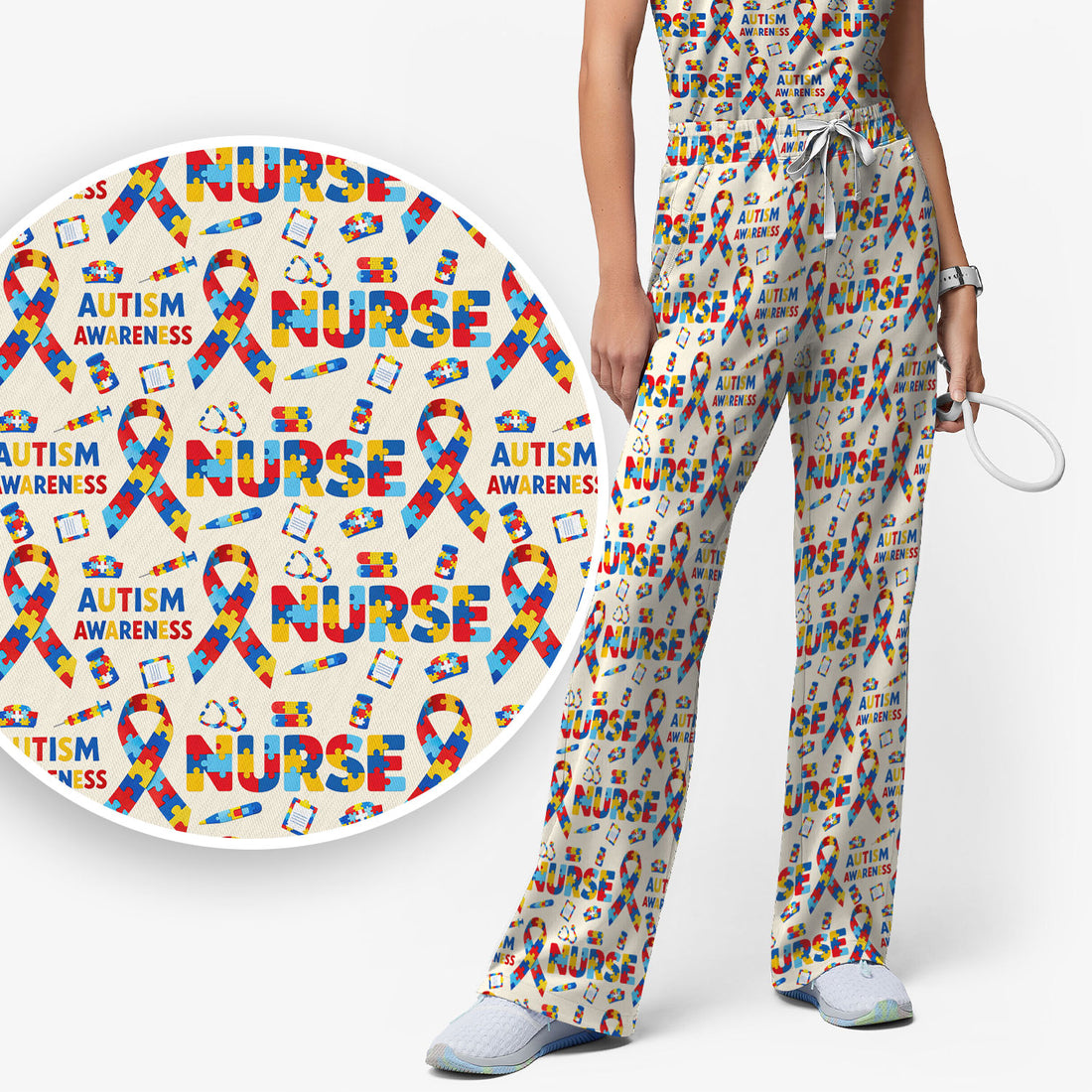 Autism Awareness Nurse Puzzle Ribbon Print Sets,  Breathable Med Uniform