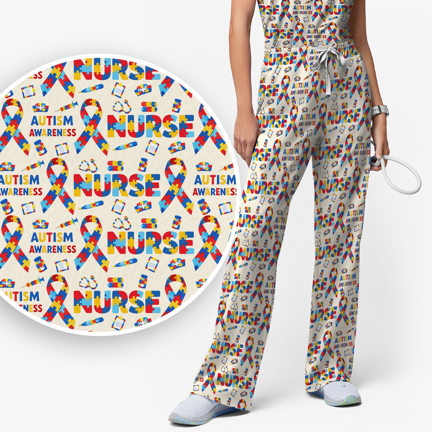 Autism Awareness Nurse Puzzle Ribbon Print Sets,  Breathable Med Uniform