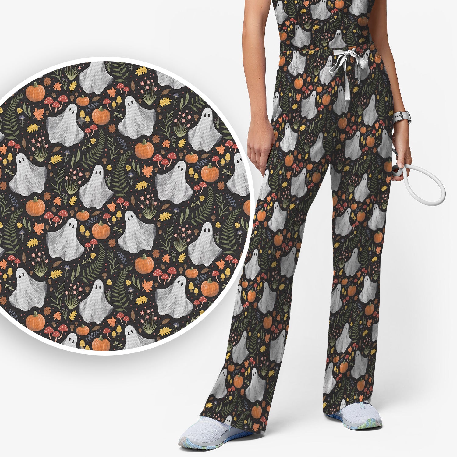 Pumpkin Woodland Pattern Scrub Set, Scrub Pants and V Neck Top