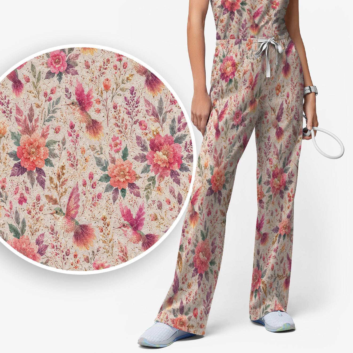 Hummingbird Floral Garden Pattern Scrub Set, Scrub Pants and V Neck Top
