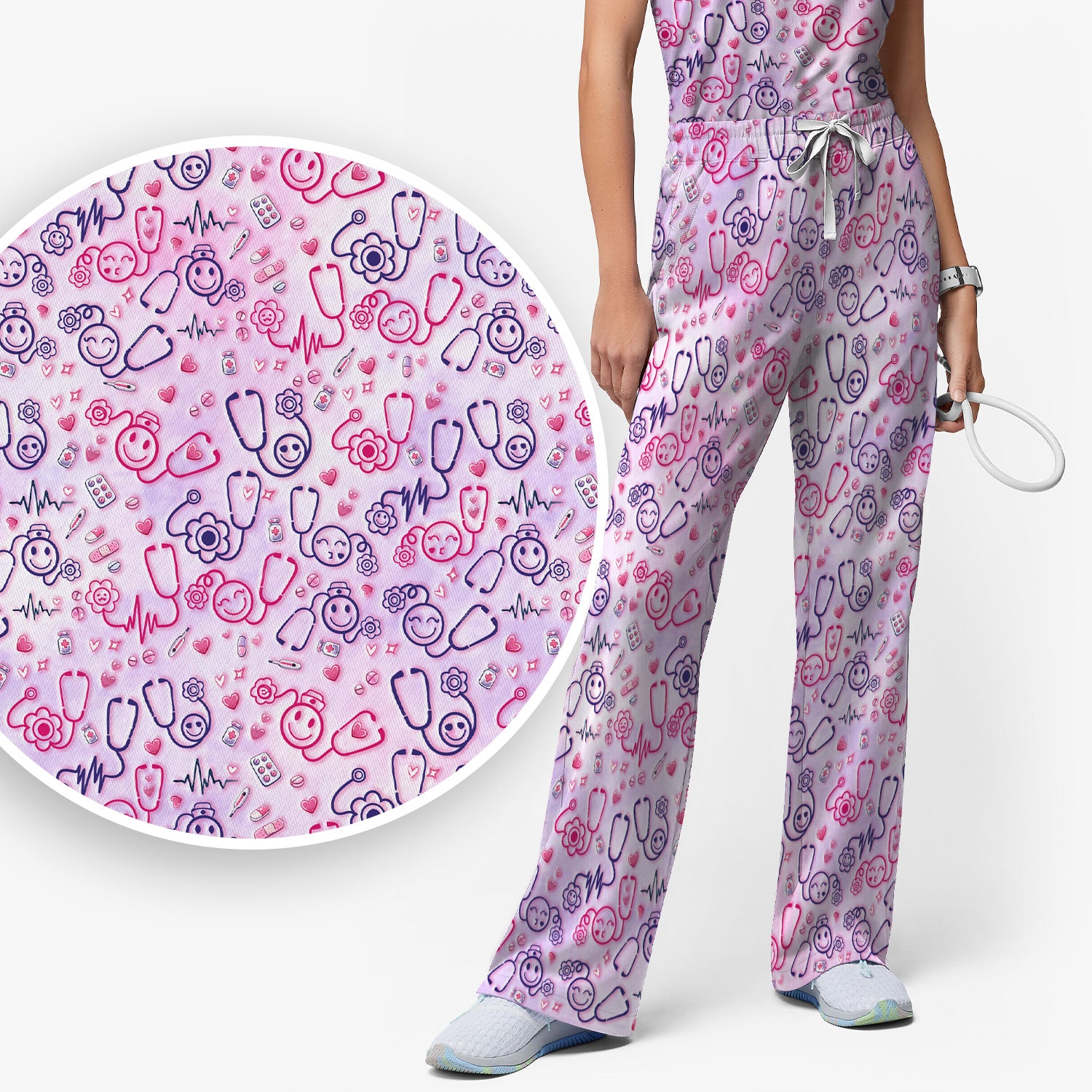 Stethoscope Heart Cute Icon Print Scrub Set, Breathable Med Uniform