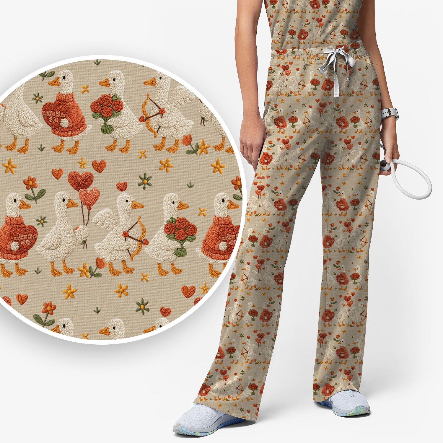 Cute Goose Nurse Scrub Set, Valentine Farm Medical Pattern Shirt, Breathable Fabrics Nursing Uniform