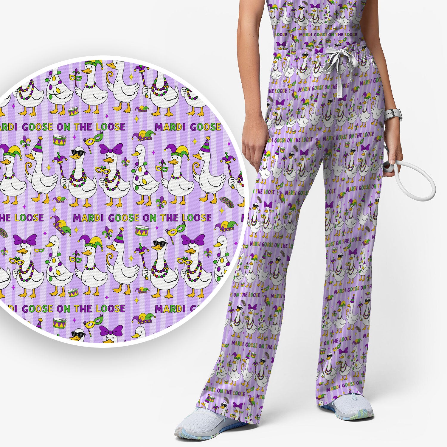 Mardi Gras Goose Nurse Scrub Set, Funny Carnival Medical Pattern Nurse Shirt, Breathable Fabrics Nursing Uniform