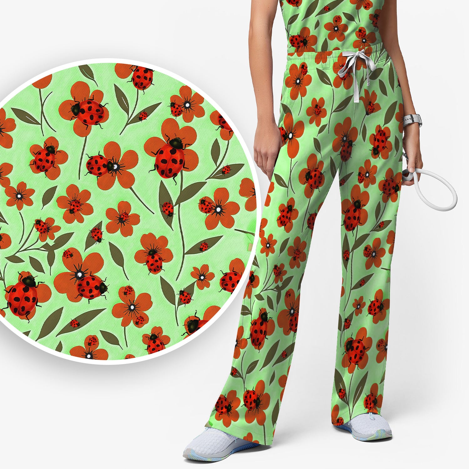 Ladybug on Orange Floral Garden Pattern Scrub Set, Breathable Med Uniform