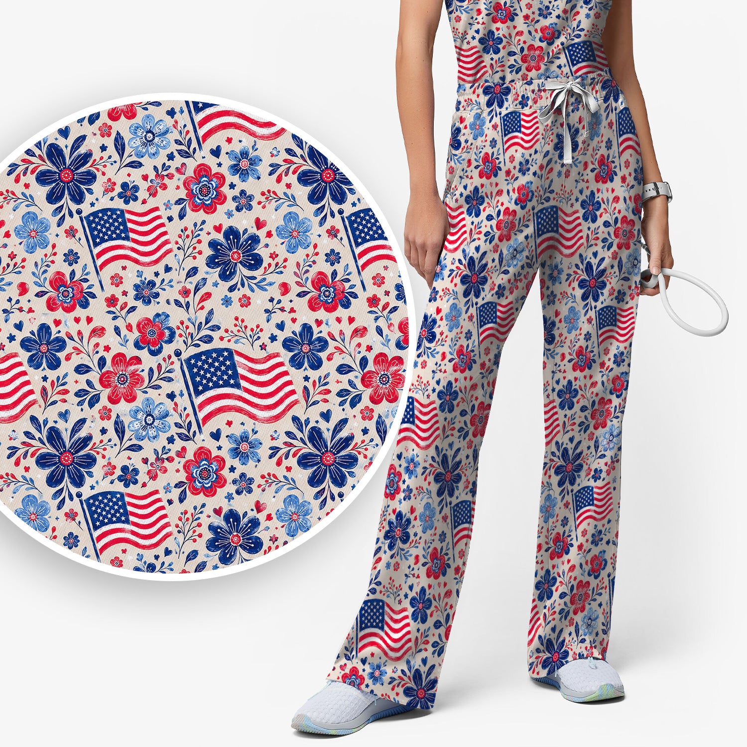 Patriotic Flag Floral Nurse Pattern Scrub Set, Scrub Pants and V Neck Top