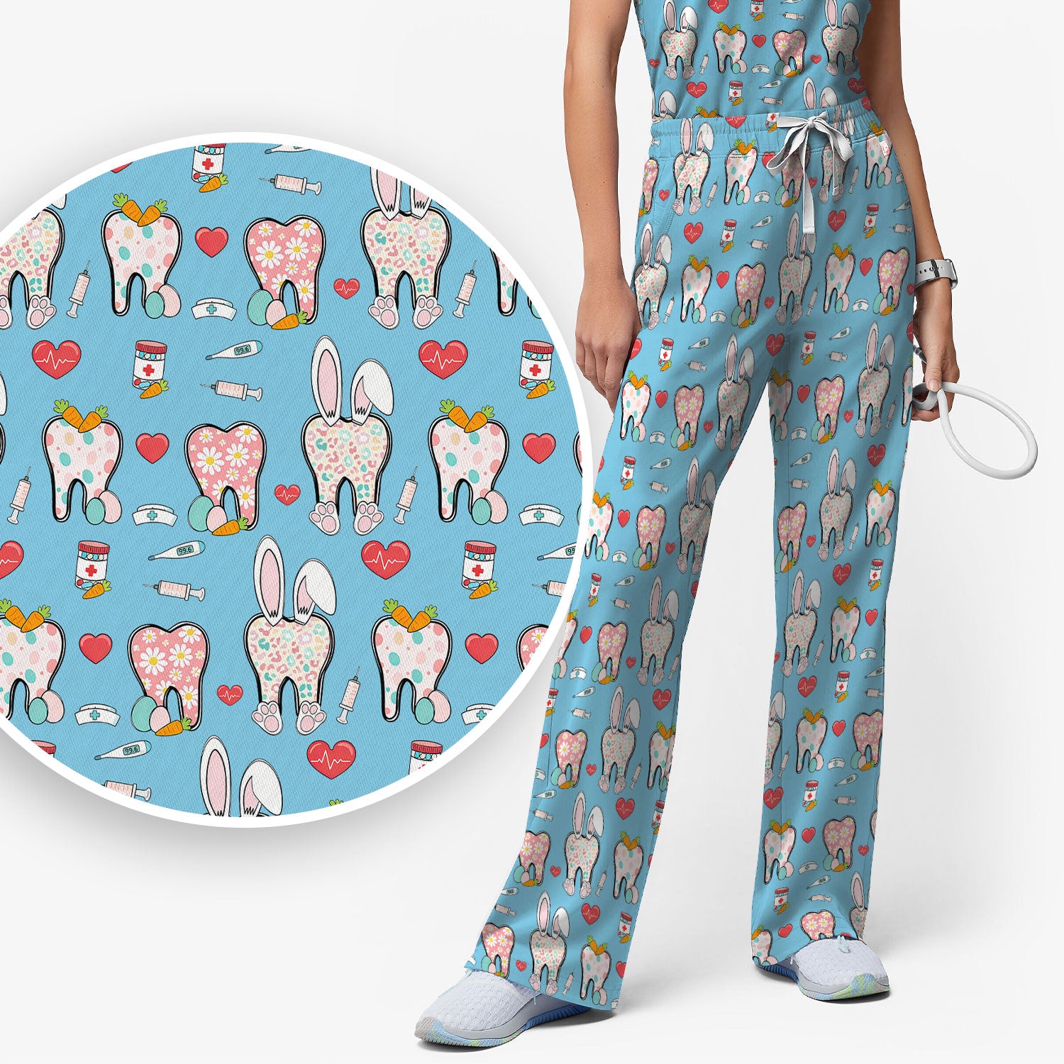 Playful Bunny Dentist Illustration Medical Set, Scrub Pants and V Neck Top