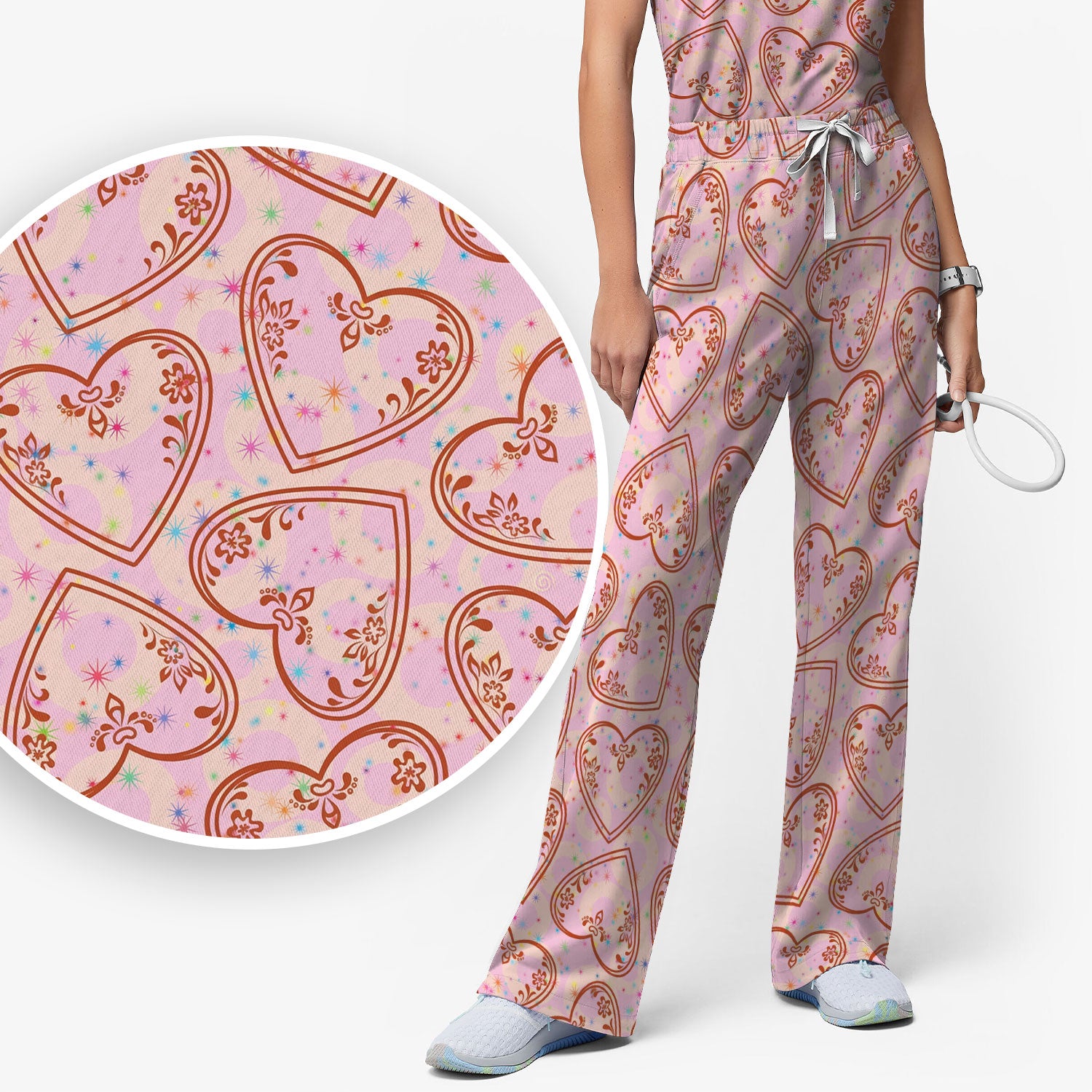 Valentine Heart Scrub Set For Women, Hearts Pattern Nurse Shirt, Comfortable Scrubs For Nursing