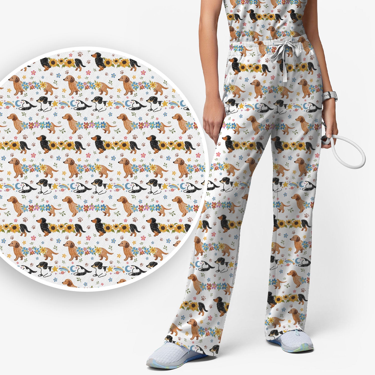 Floral Wiener Dog Pattern Scrub Set, Scrub Pants and V Neck Top