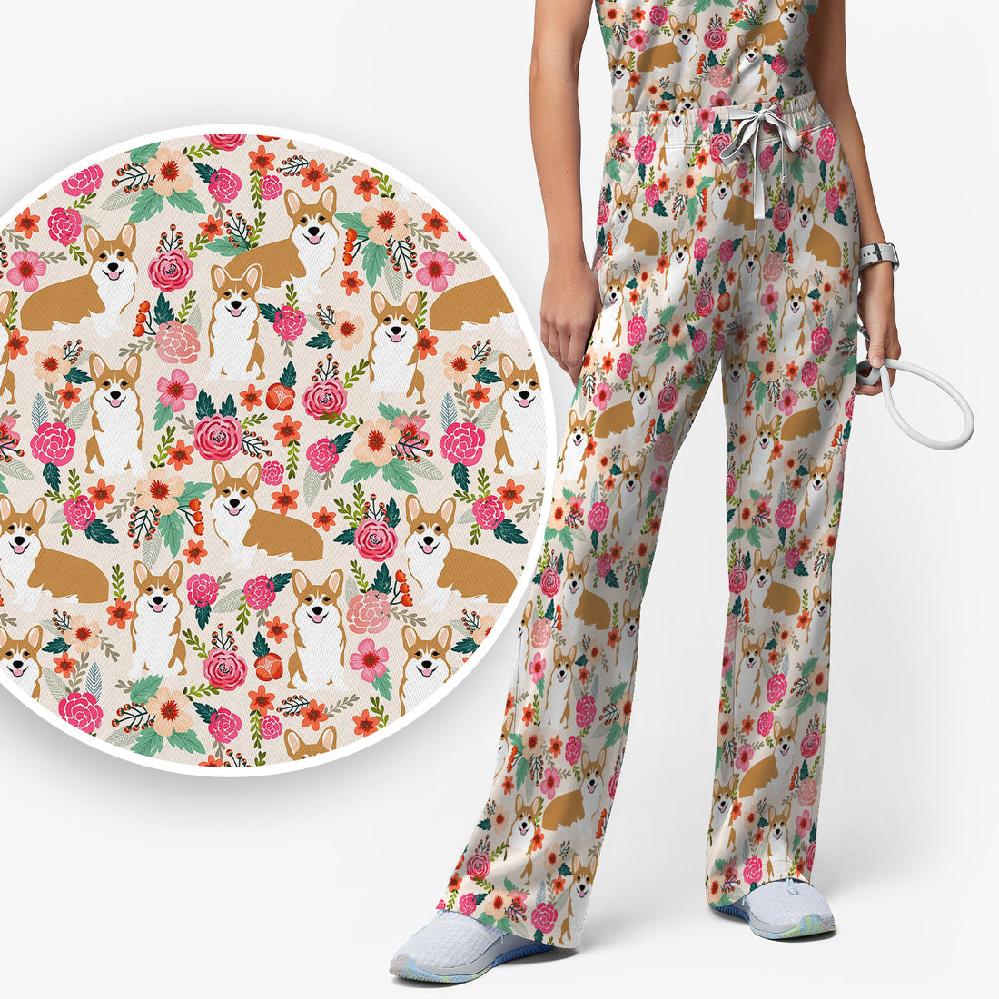 Cute Corgi Dog Floral Garden Pattern Nurse Scrub Set, Scrub Pants and V Neck Top