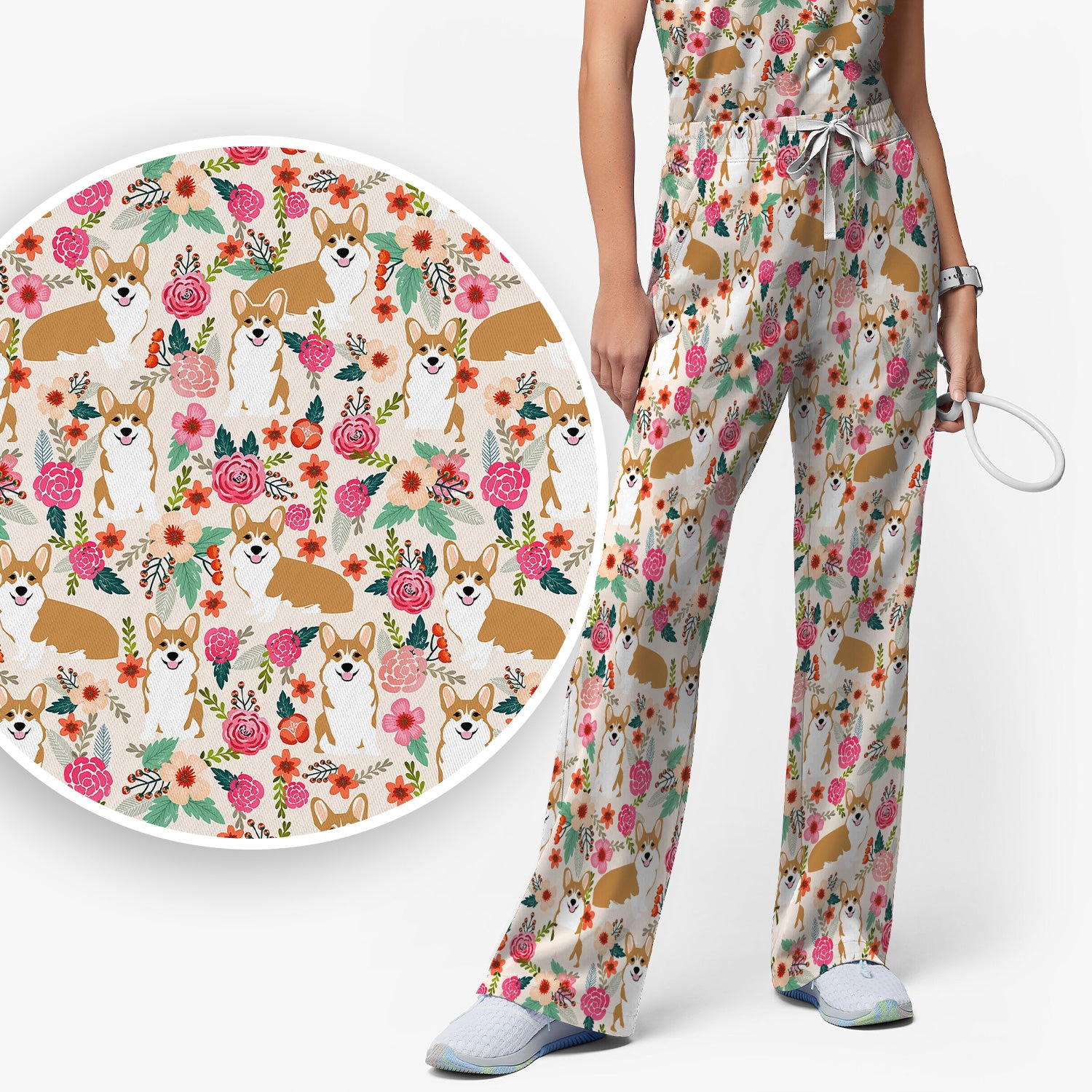 Cute Corgi Dog Floral Garden Pattern Nurse Scrub Set, Scrub Pants and V Neck Top