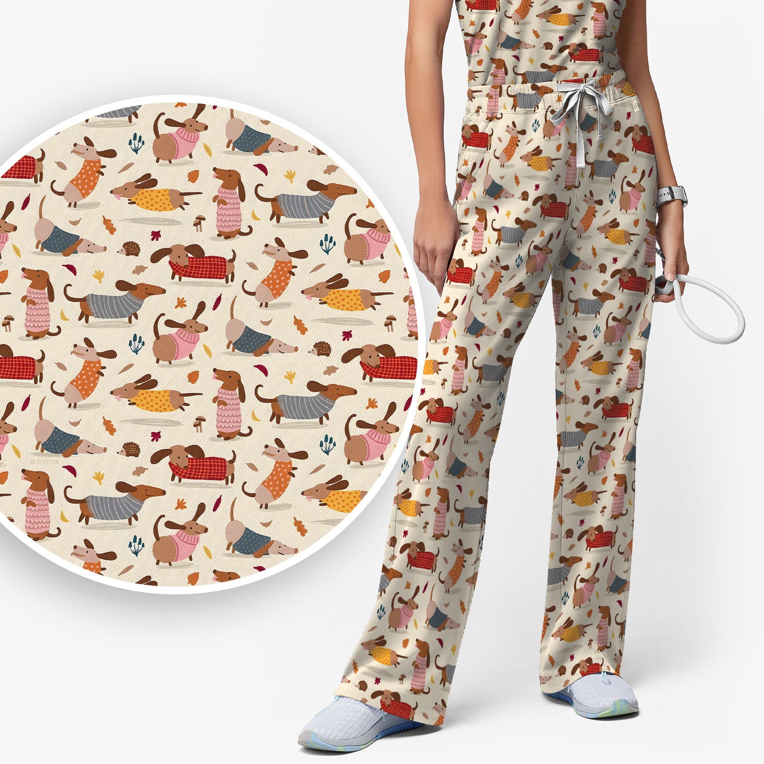 Cute Autumn Dachshund Print Scrub Set, Scrub Pants and V Neck Top