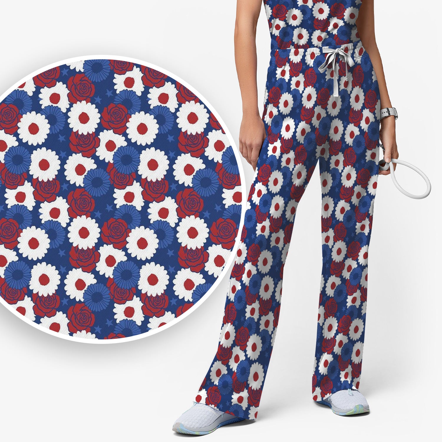 Daisy Rose Floral Pattern Scrub Set, Scrub Pants and V Neck Top