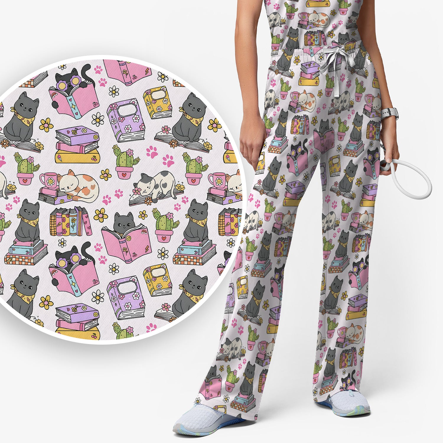 Cute Cat Book Cactus Seamless Pattern Scrub Set, Scrub Pants and V Neck Top