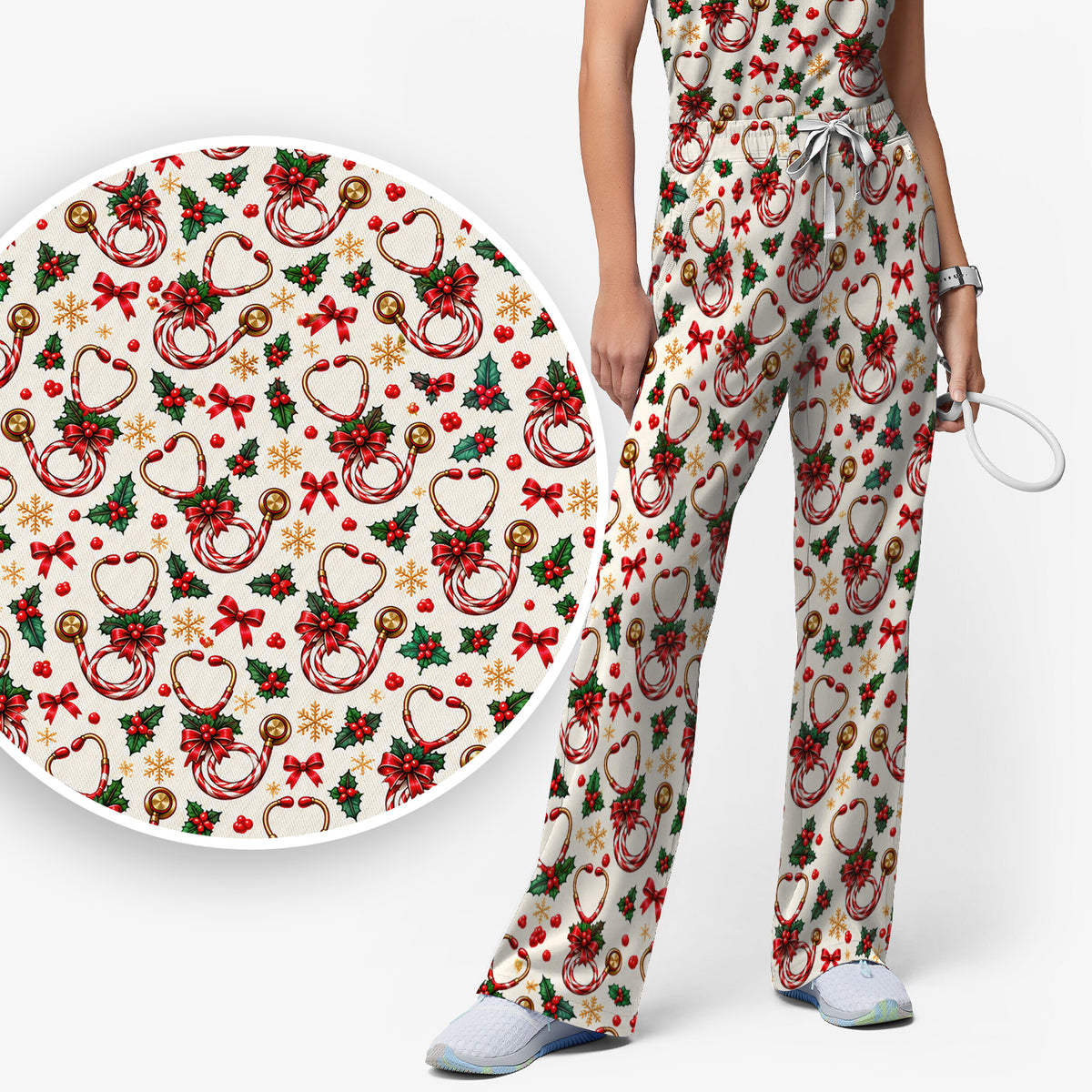 Christmas Candy Cane Stethoscope Pattern Scrub Set, Scrub Pants and V Neck Top