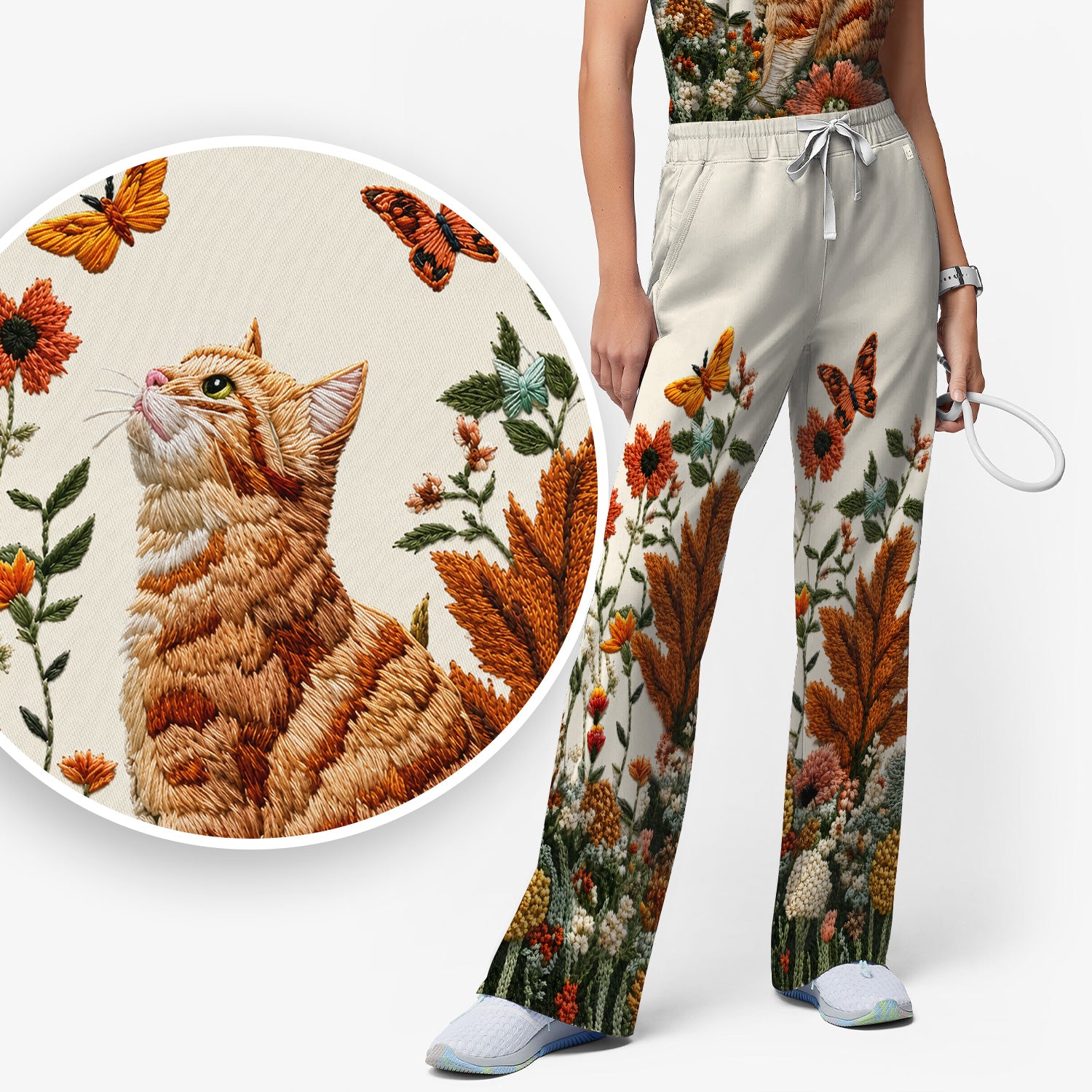 Embroidered Orange Cat Wildflower Pattern Scrub Set, Scrub Pants and V Neck Top