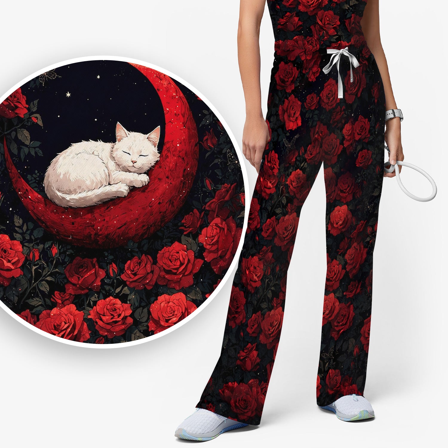 Gothic Red Moon Cat Nurse for Veterinary Staff, RN, CNA, Rose Medical Scrub Set, Scrub Pants and V Neck Top