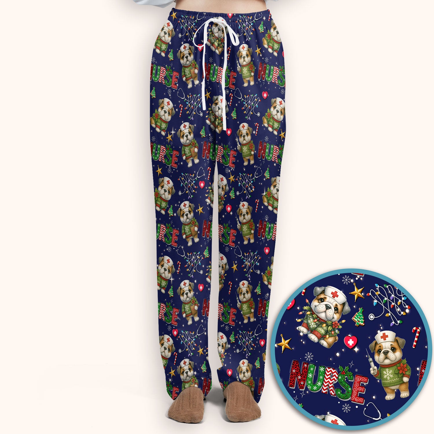 Bulldog Christmas Nurse Scrub Set - Funny Dog Scrubs Pants and V Neck Top - Cute Holiday Medical Uniform