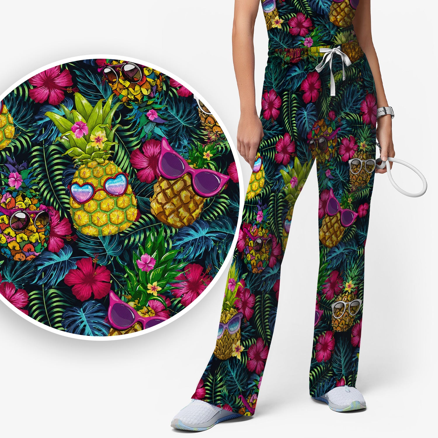 Cute Tropical Pineapple Sunglasses Pattern Scrub Set, Scrub Pants and V Neck Top