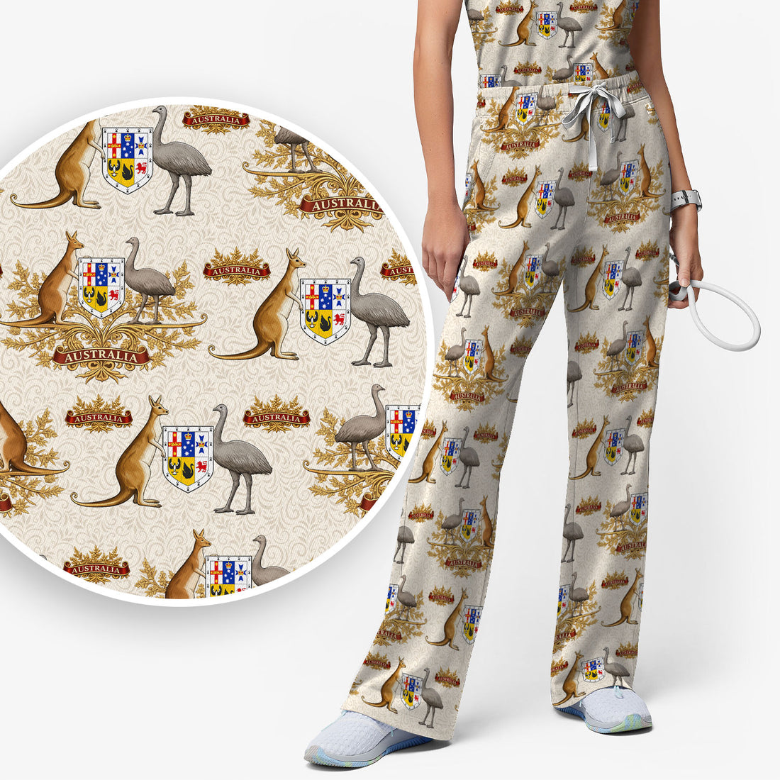 Australian National Crest Kangaroo Emu Scrub Set, Women's Scrub Sets