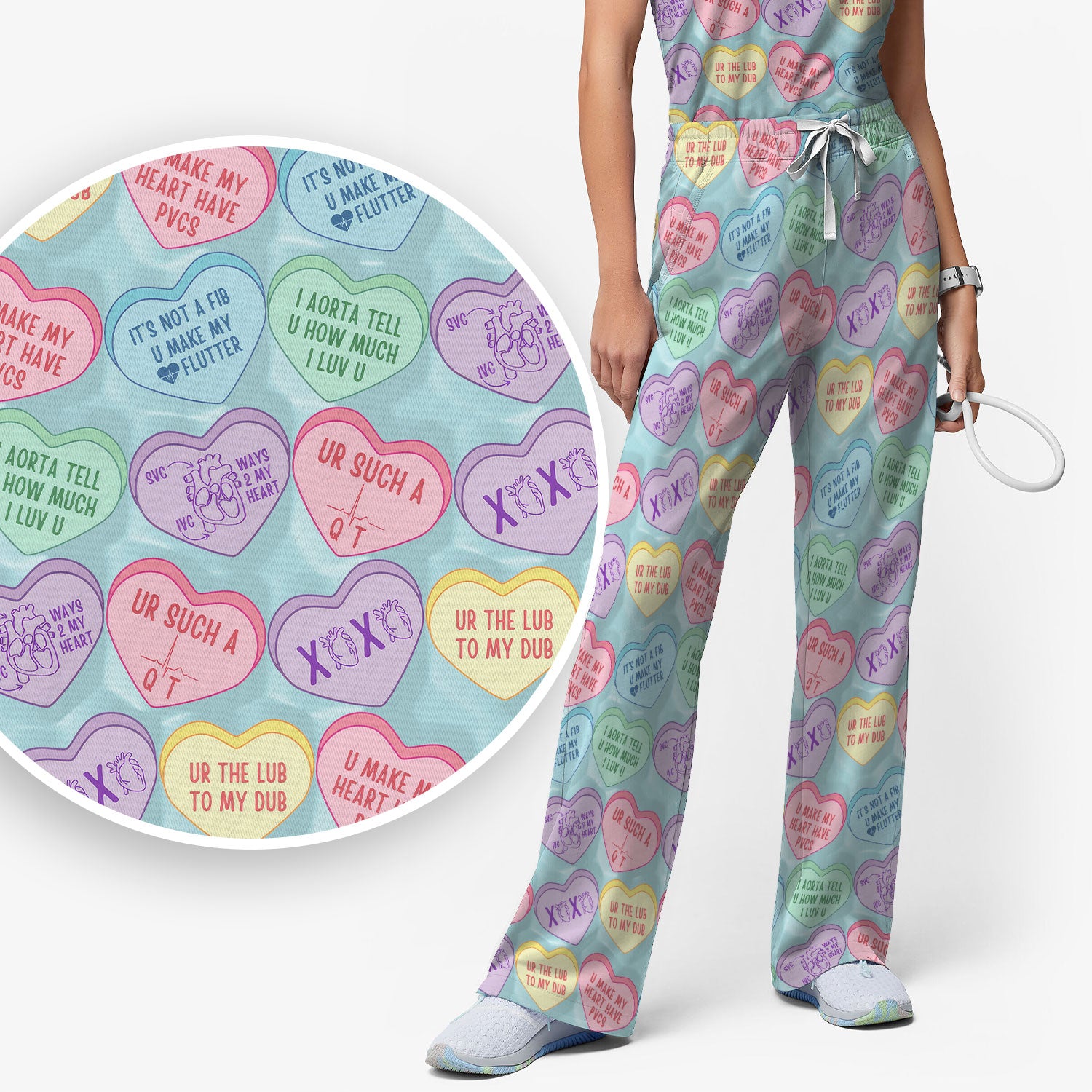 Medical Candy Heart Valentine Pattern Women’s Scrub Sets, Fun Medical Pattern, Breathable Med Uniform