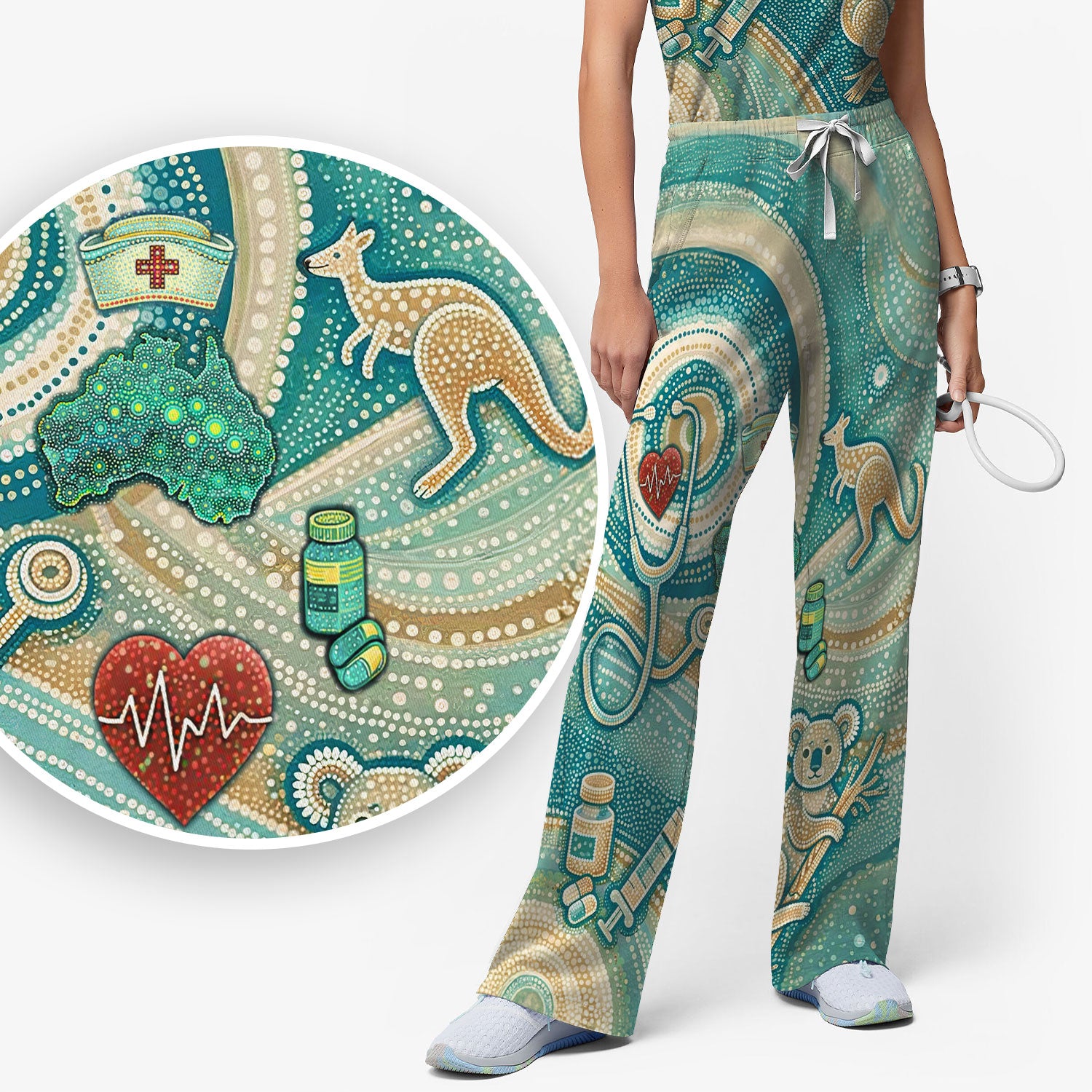 Australian Wildlife Dot Art Inspired - Koala Gangaroo Aussie Medical Scrub Set - Women Uniform